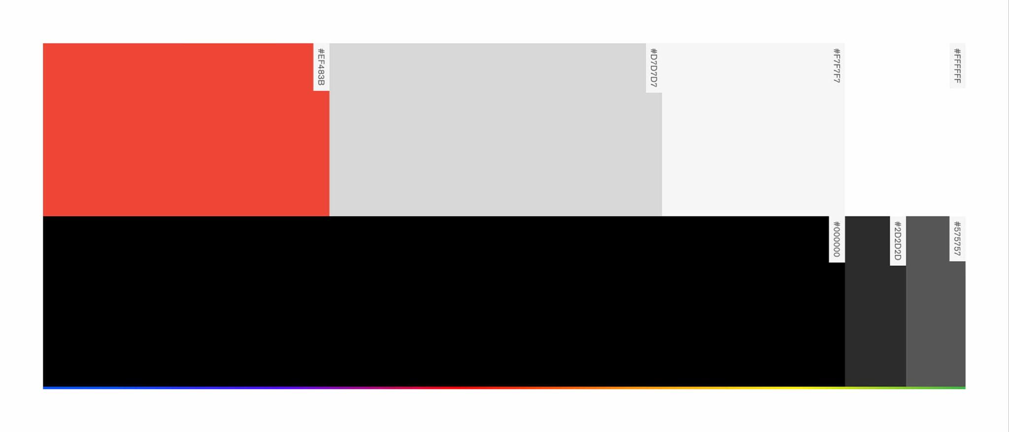 Labeled brand color palette with red, grays, black, and rainbow accent strip