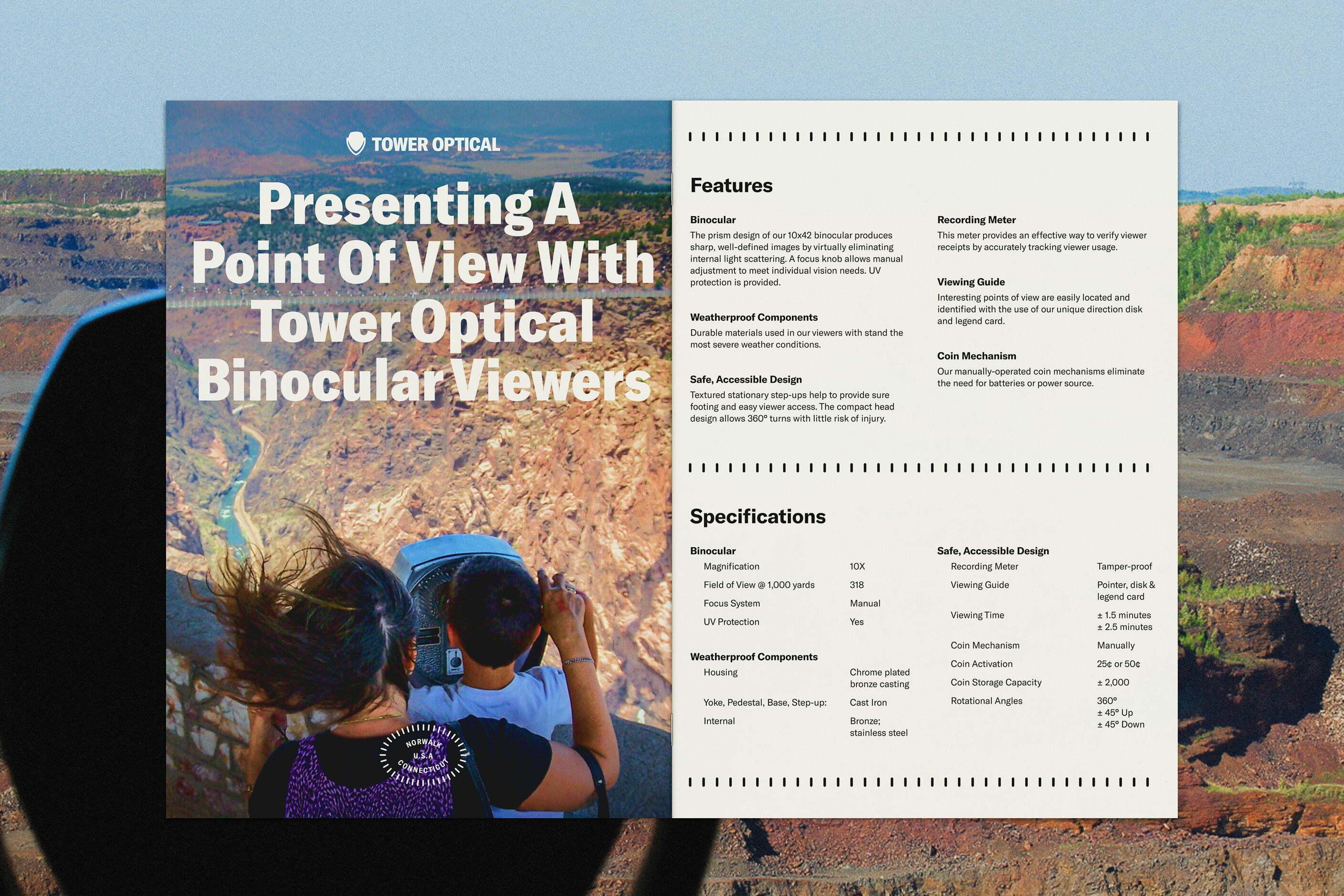 Open brochure spread promoting Tower Optical binocular viewers with mountain landscape