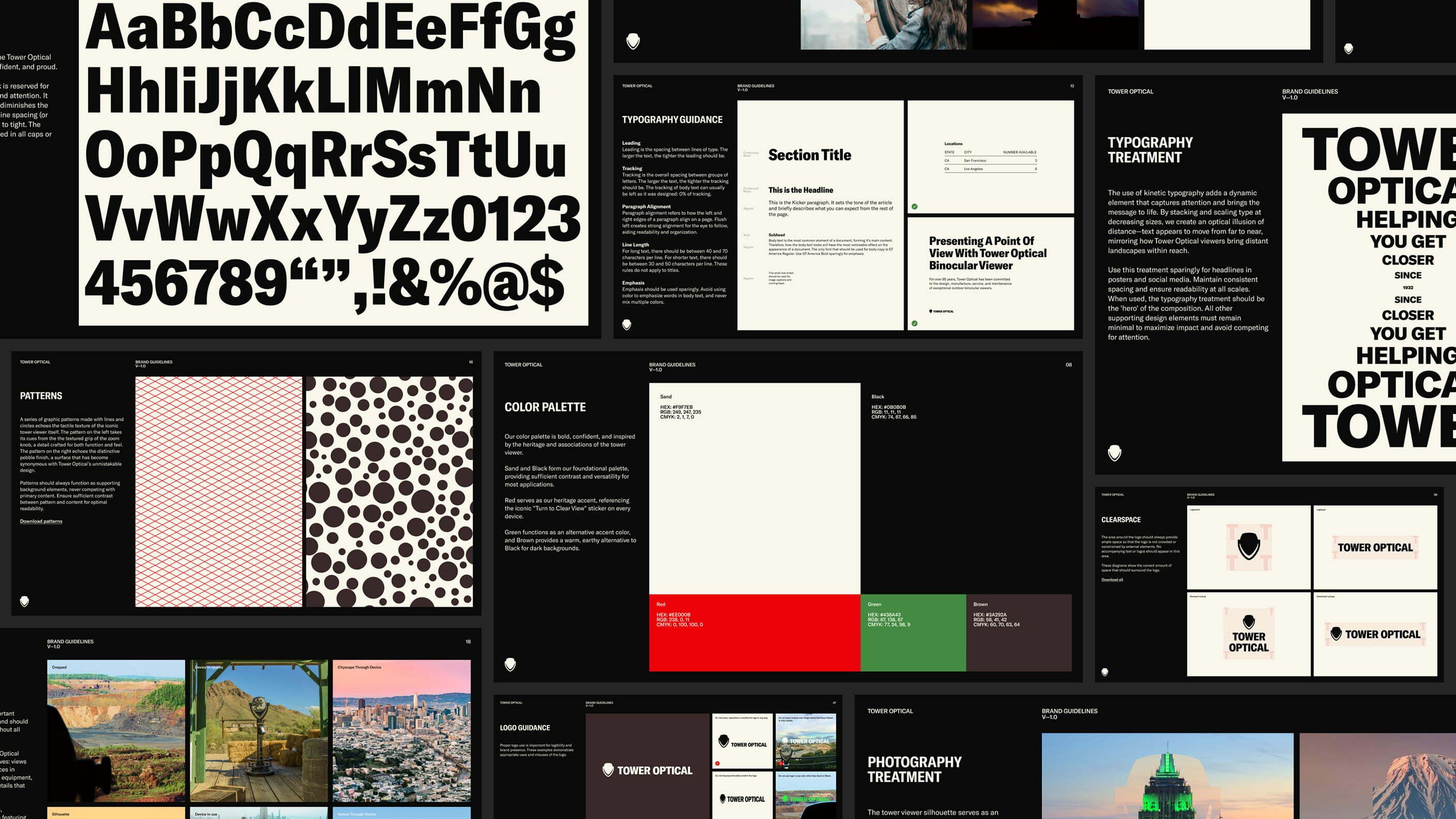 Pinecone brand system collage with typography, colors, patterns, and layouts