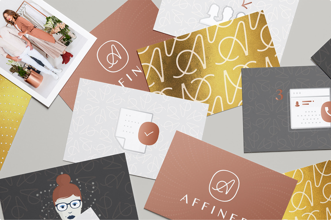 AFFINE branded stationery and business card designs arranged on a gray surface