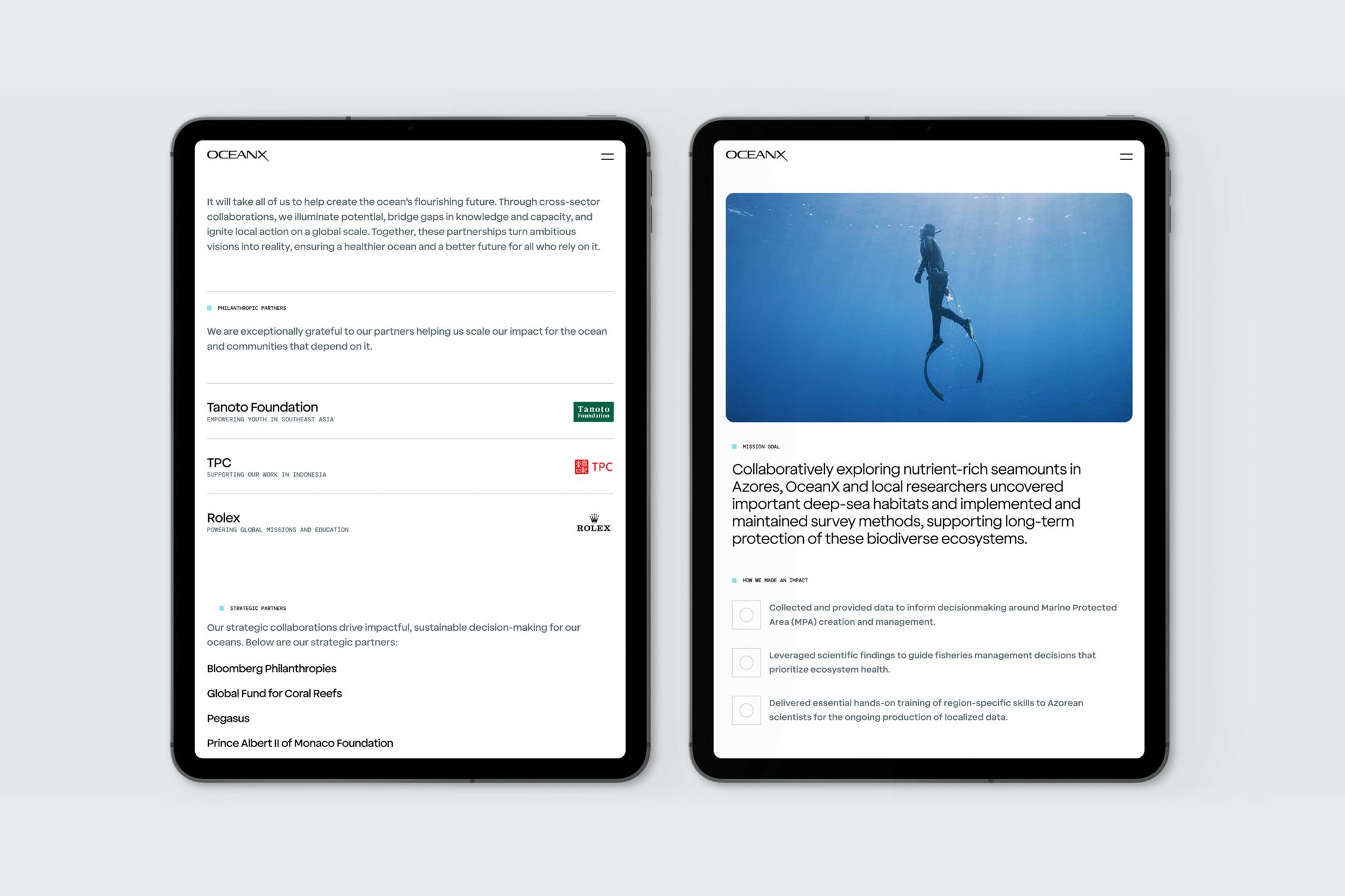 Two tablets showing OceanX web pages with project listings and a diver story