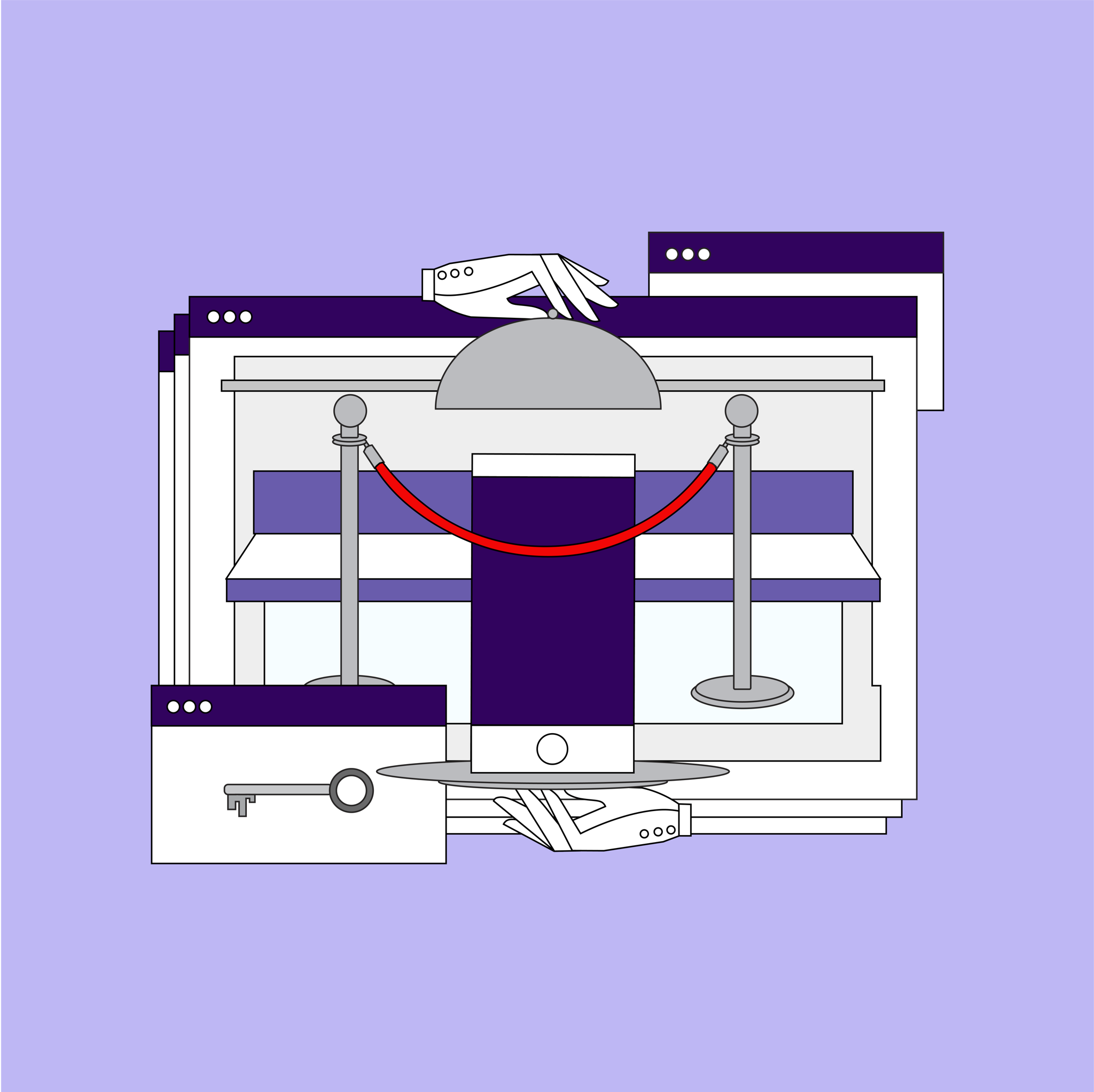 A phone served under a silver cloche behind a red velvet rope, framed by browser windows and a key