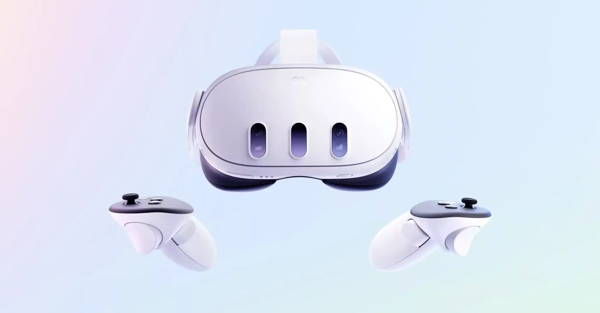 Meta Quest headset with two controllers on a pastel gradient background