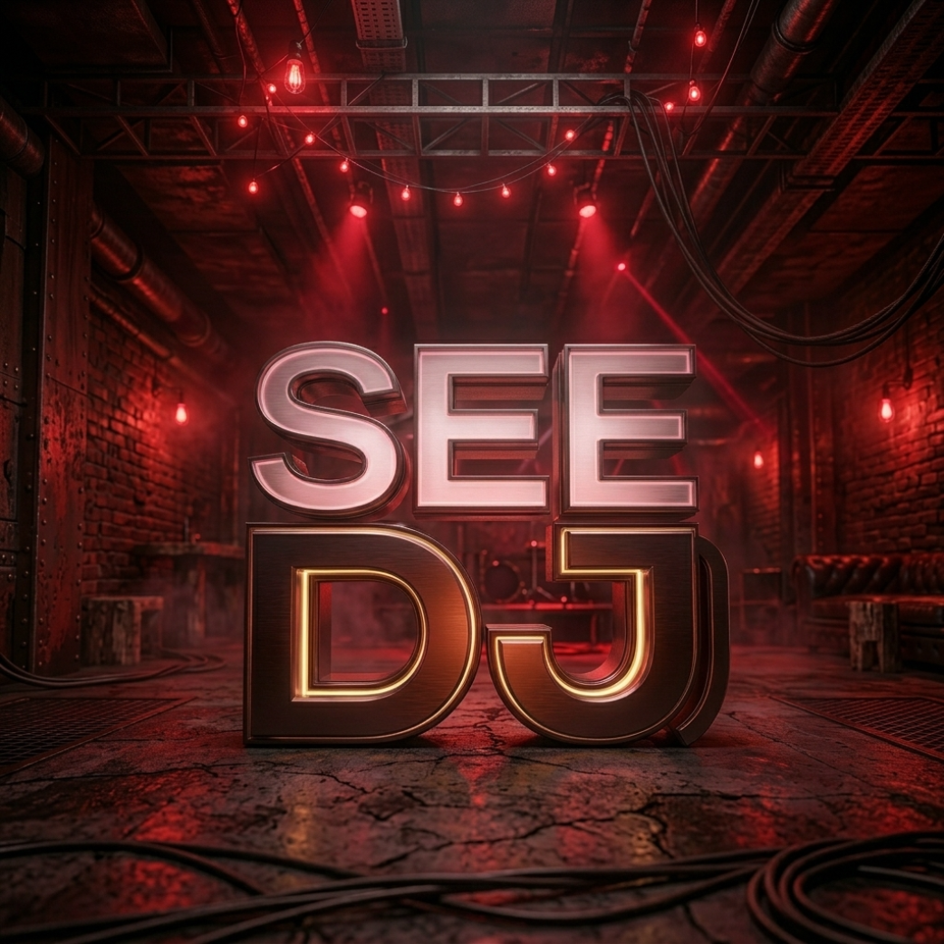 SEE DJ logo glowing on a red-lit stage background