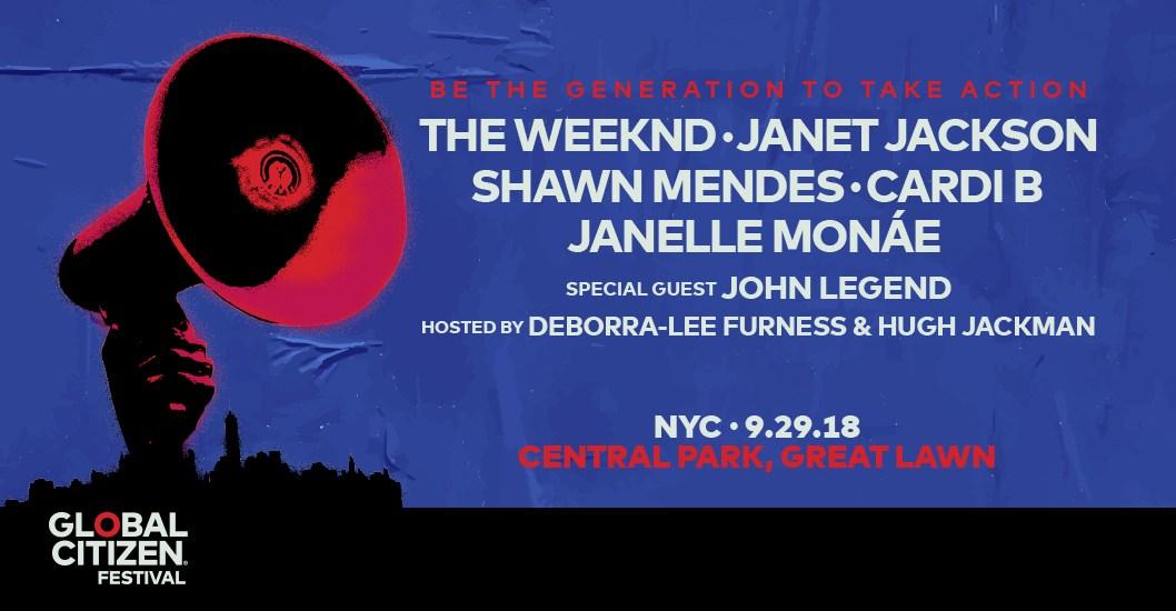 Global Citizen Festival poster for NYC 9.29.18 with lineup including The Weeknd, Janet Jackson, and John Legend