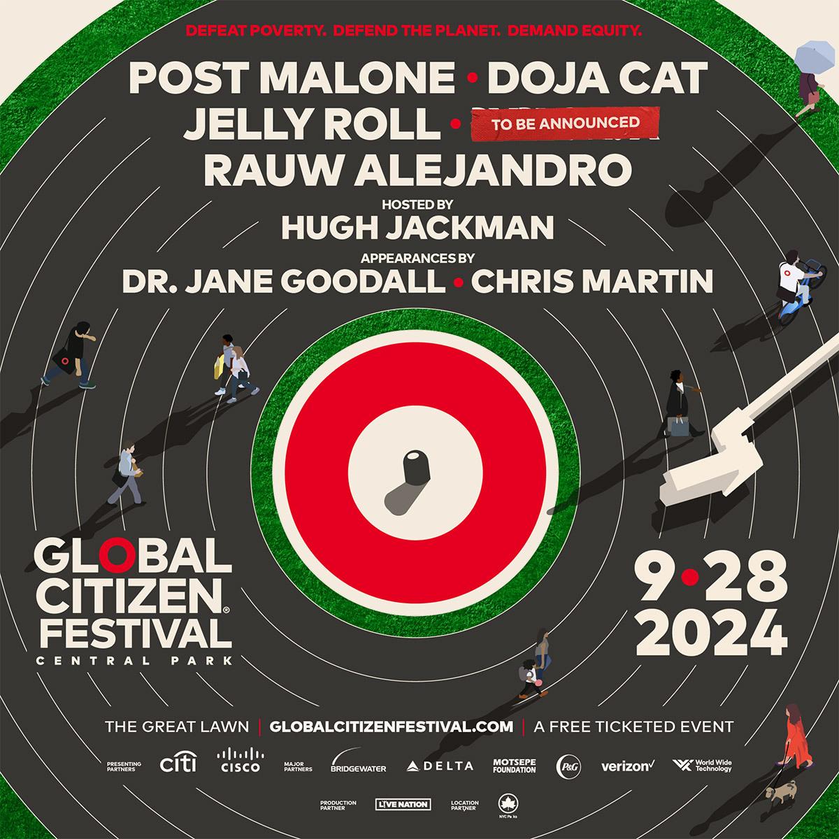 Global Citizen Festival poster with lineup names and date 9.28.2024