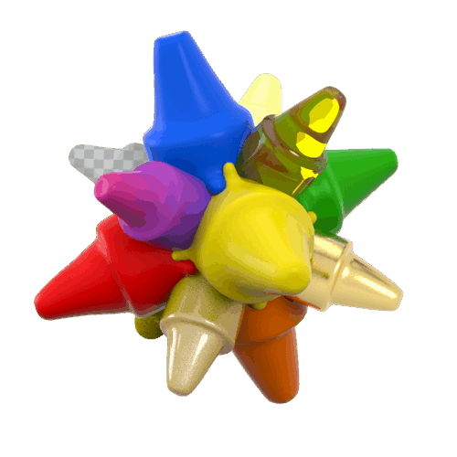 Cluster of glossy multicolored cone shapes