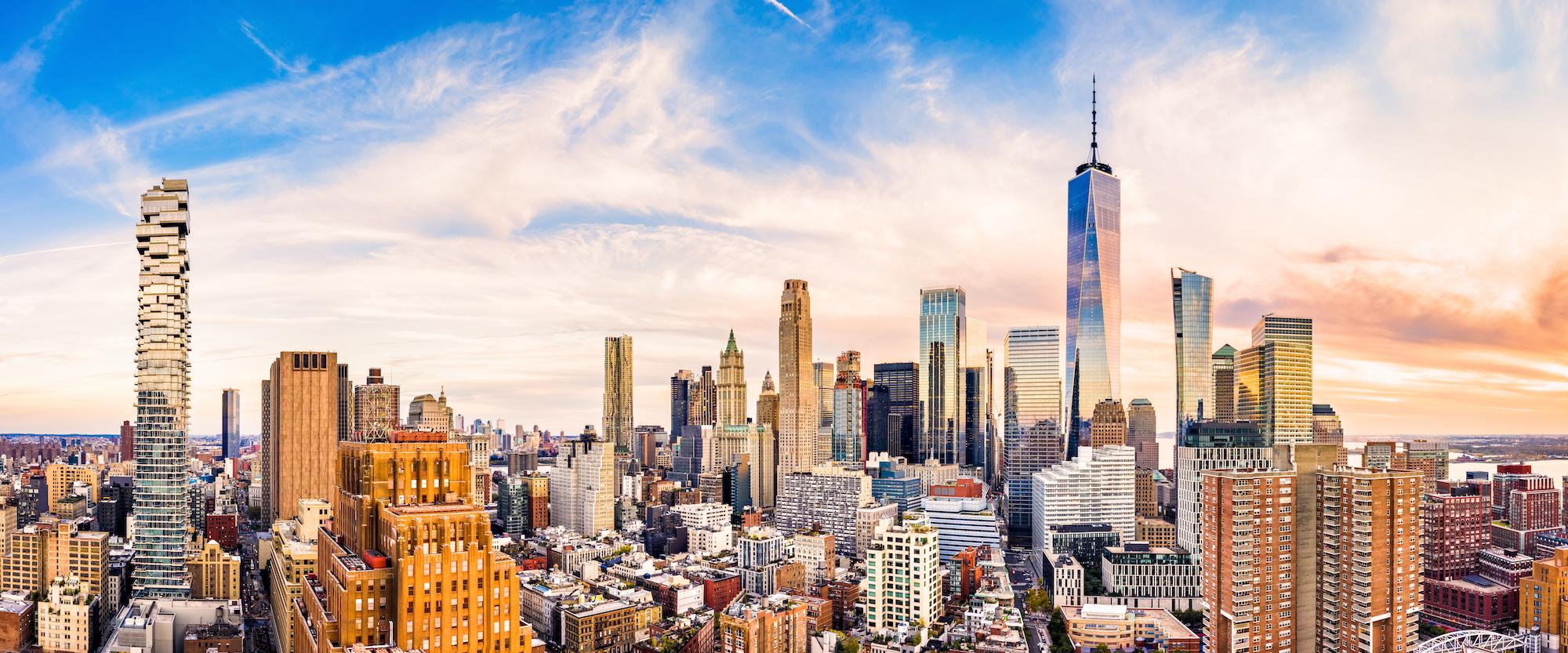 Panoramic New York City skyline at sunset