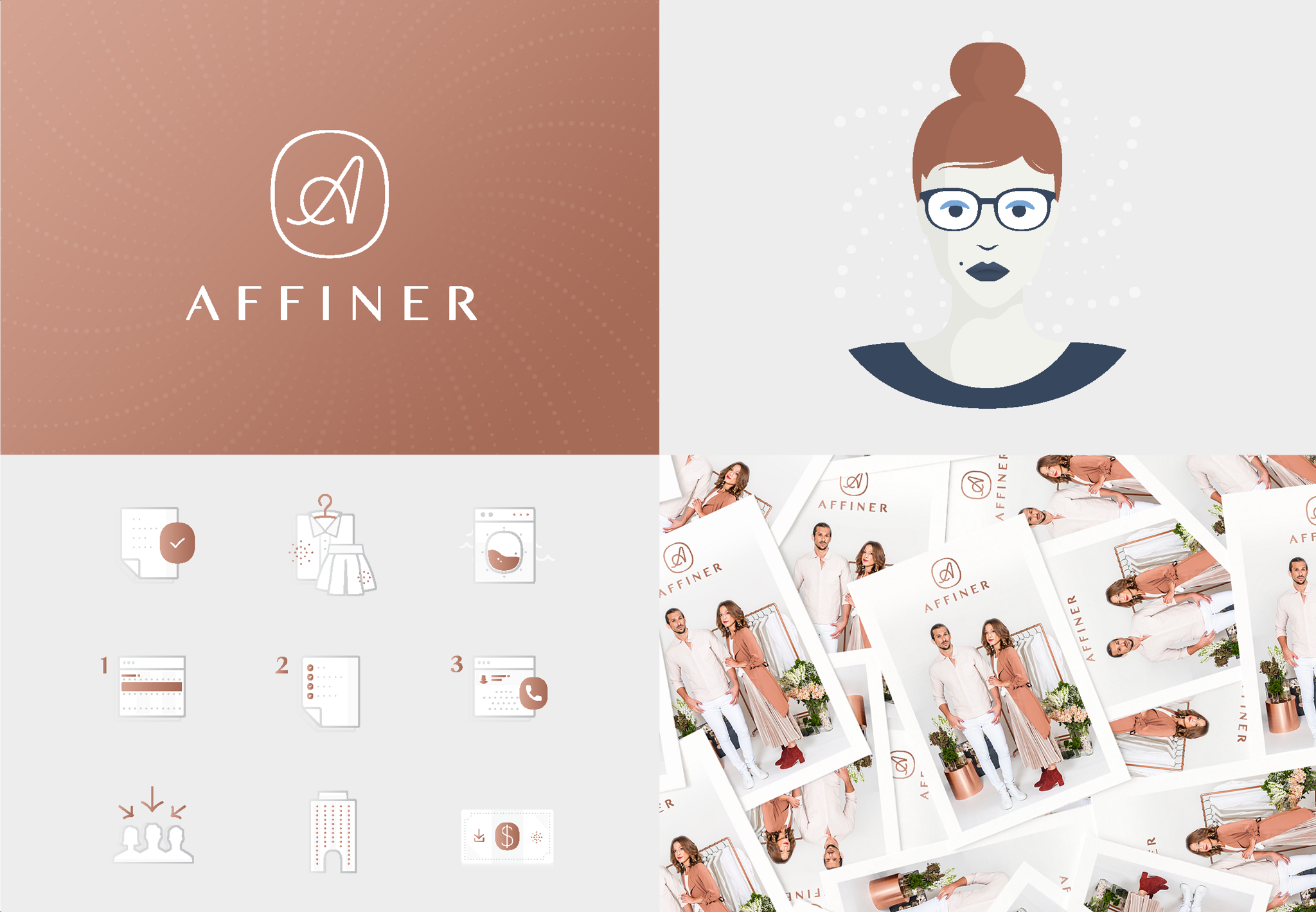 Affiner brand board with logo, illustrated face, app icons, and fashion layouts