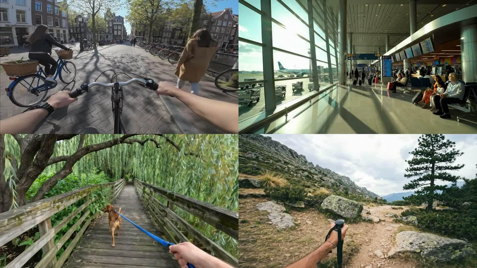 A four-panel collage shows biking, airport waiting, walking a dog, and hiking from a first-person view.