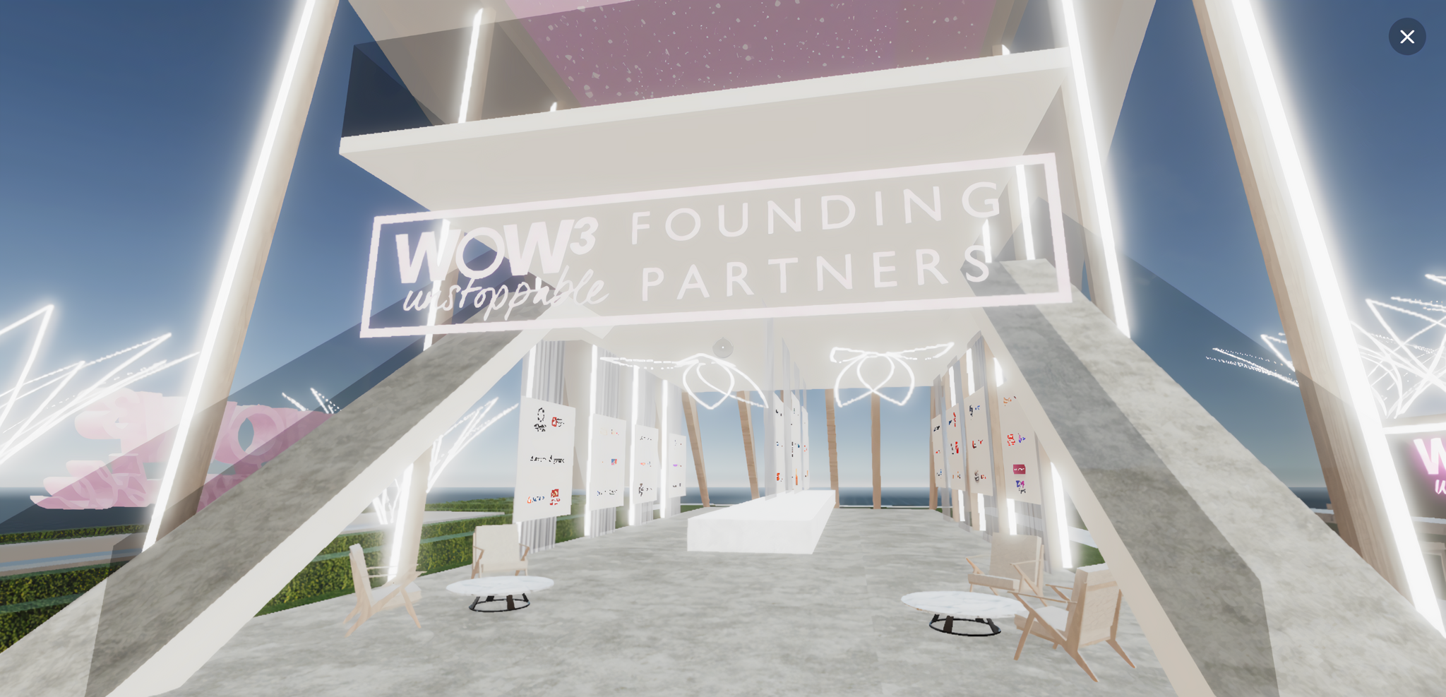 Virtual WOW3 Founding Partners entrance with neon lighting and stairs