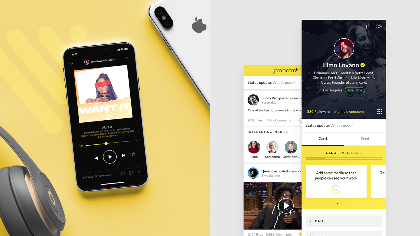 Jammcard app interface mockups with phone, headphones, and profile screens