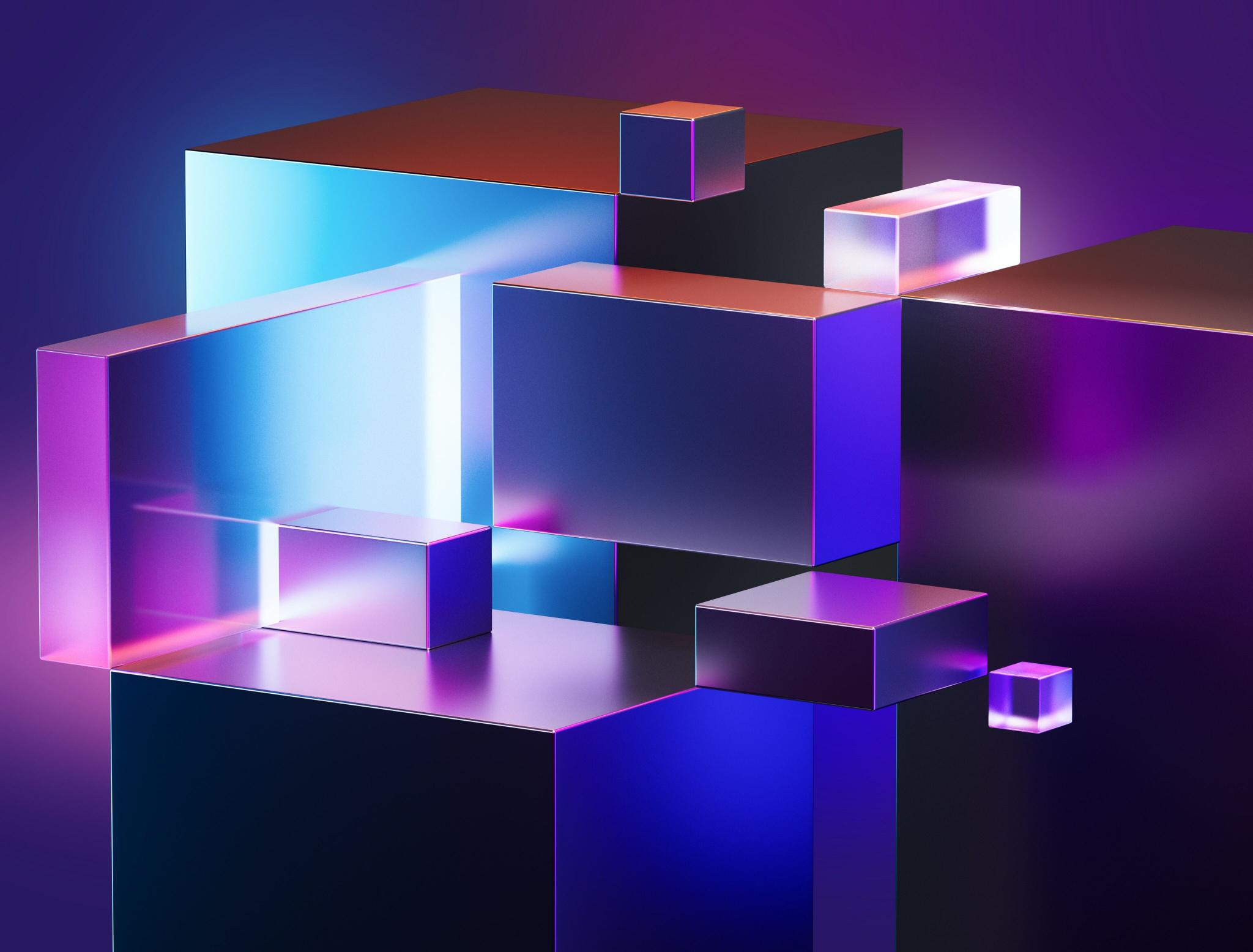 Glowing translucent cubes and blocks in blue, purple, and pink light