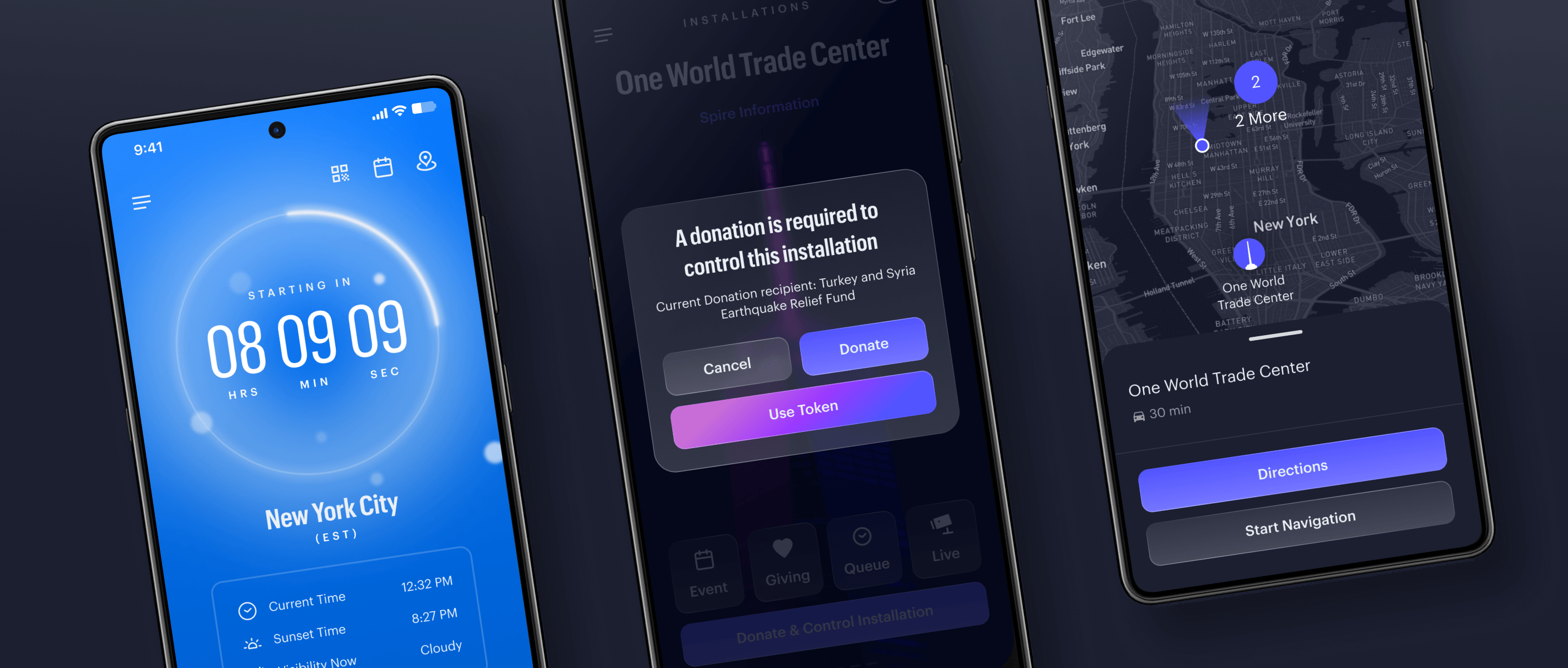 Three Spireworks app screens for timer, donation, and navigation features