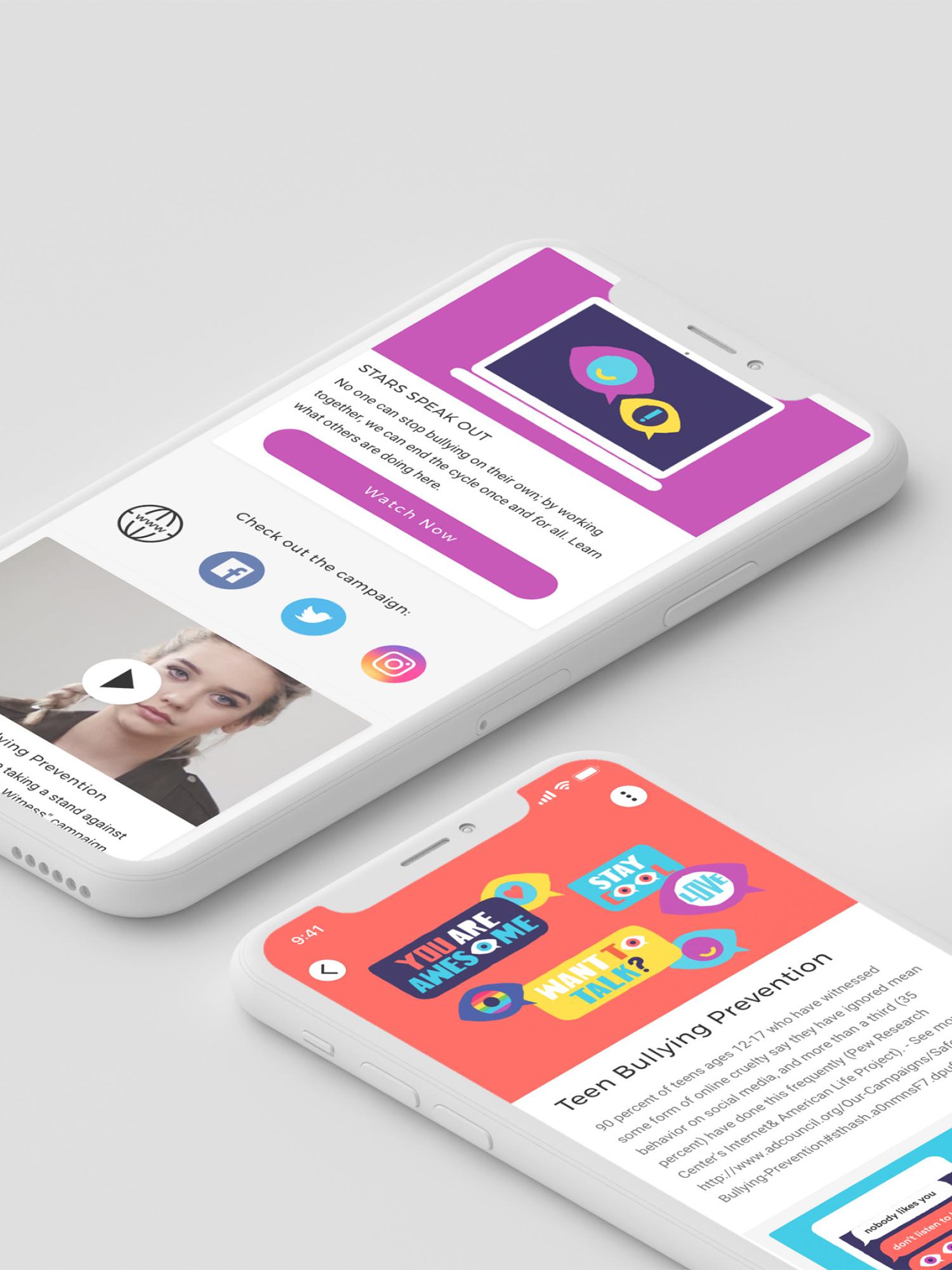 Two smartphones displaying anti-bullying campaign content and social sharing options