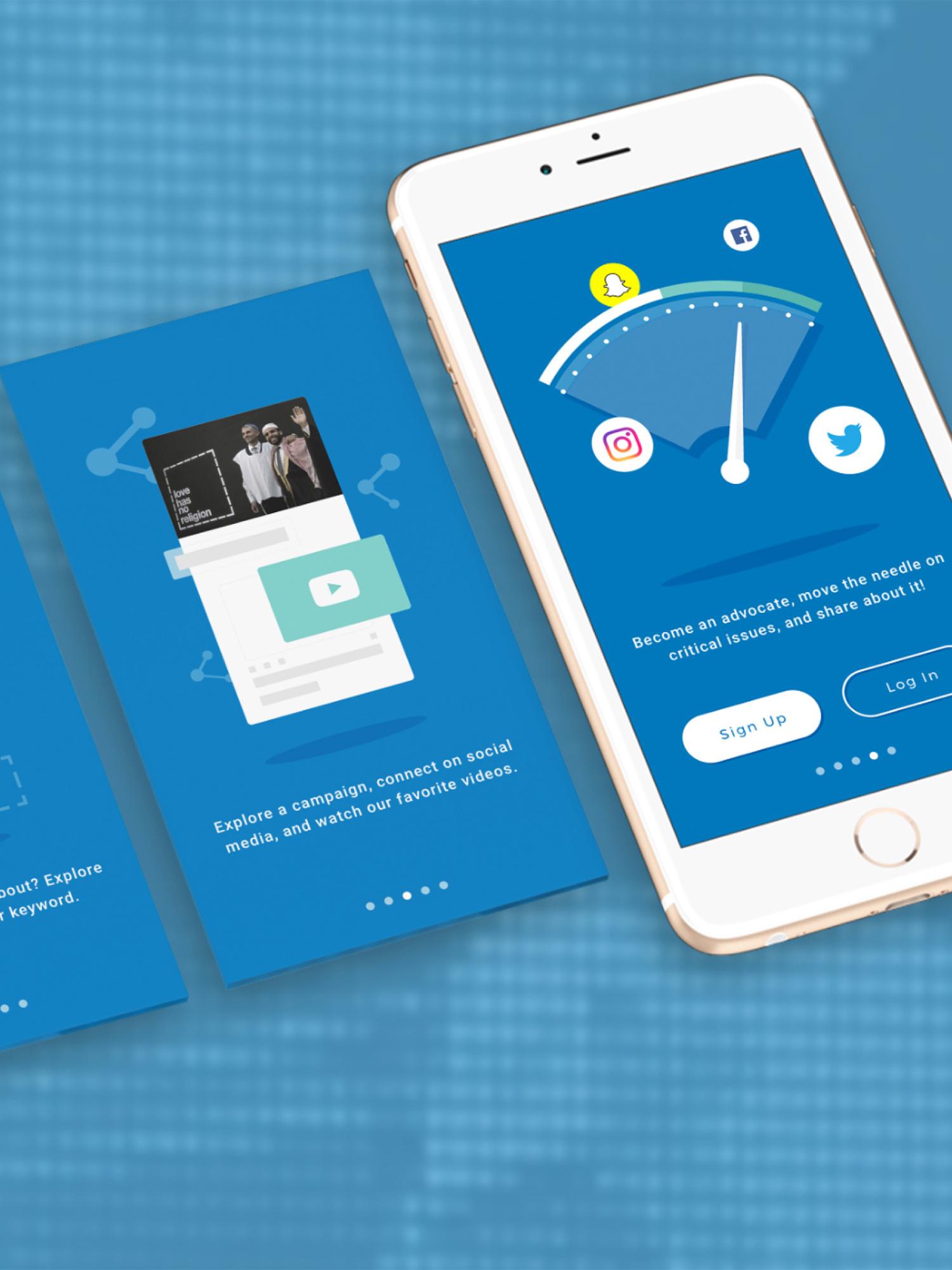 Smartphone onboarding screen with social media icons and a gauge graphic