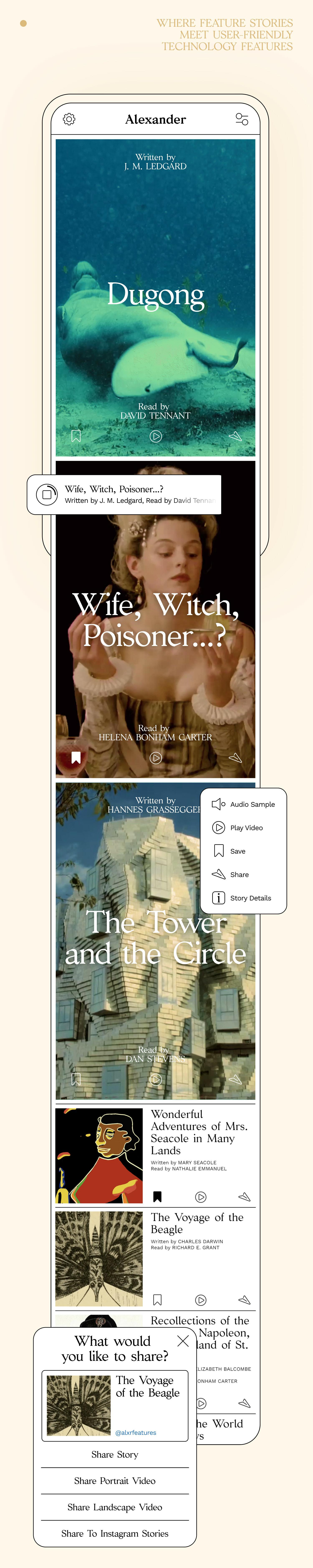 Mobile app mockup showing feature story cards, audio/video options, and sharing menu on a beige background