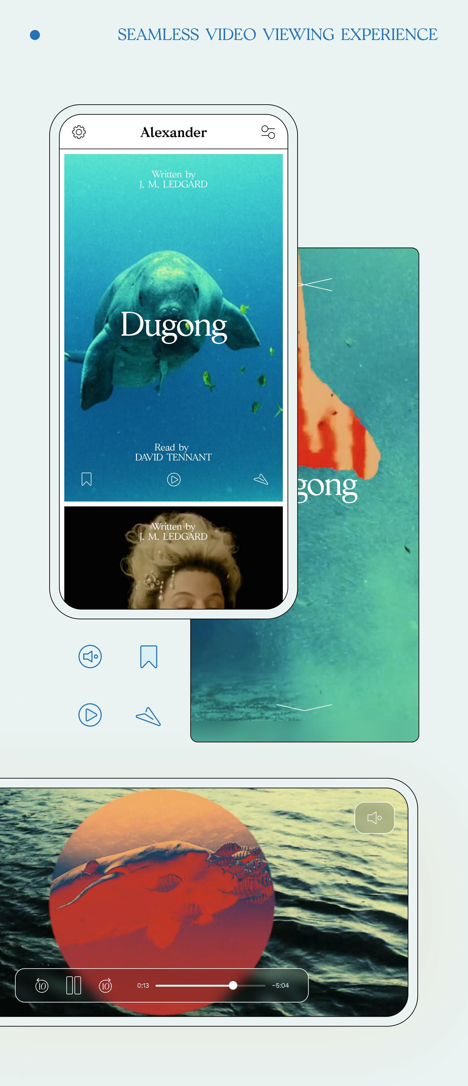 Mobile app mockup showing video and audiobook screens with dugong artwork and playback controls