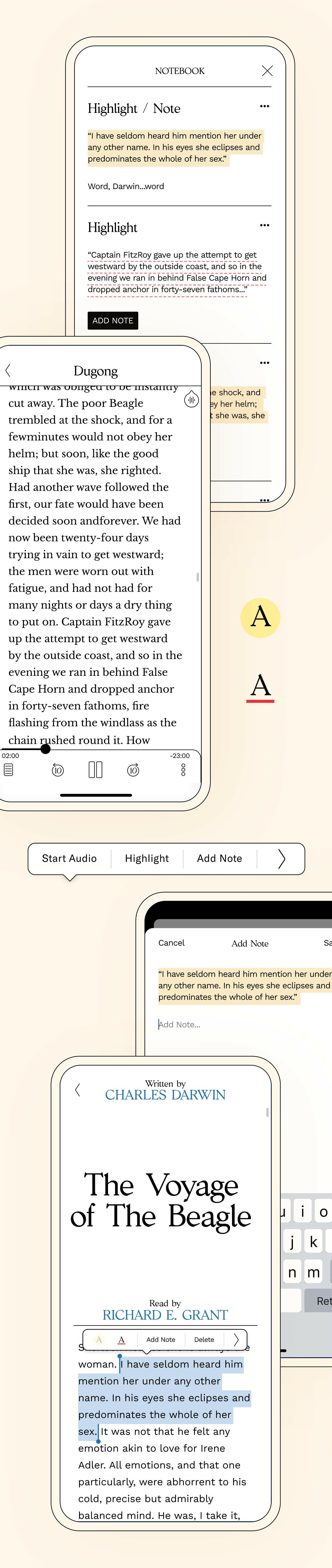 Ebook reader app showing highlights, notes, audio playback controls, and highlighted text from The Voyage of the Beagle