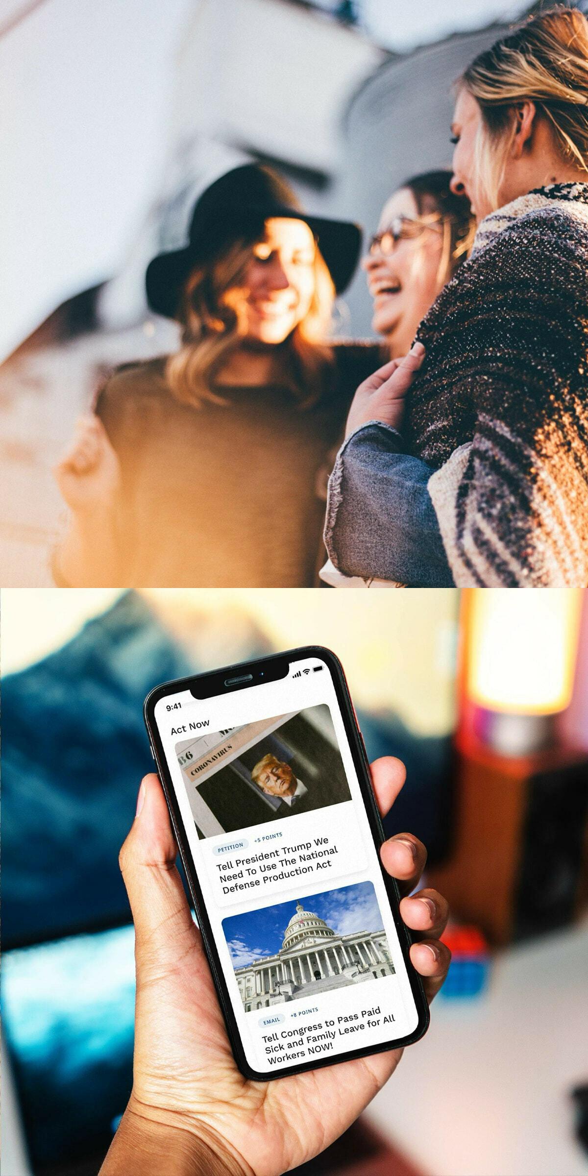 Friends laughing above a hand holding a phone with action alerts