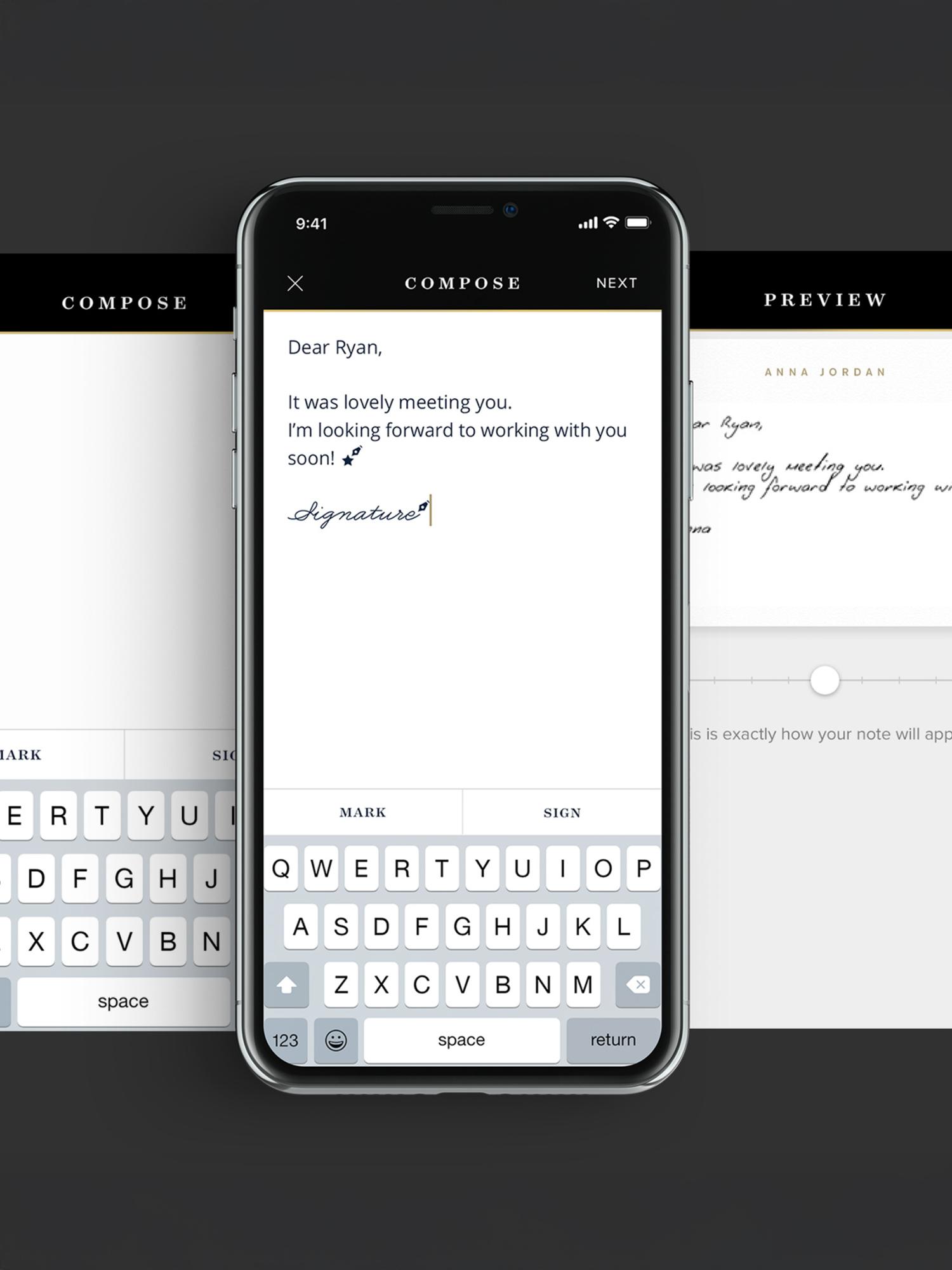 Smartphone showing a handwritten note composition app with keyboard and preview screens behind it