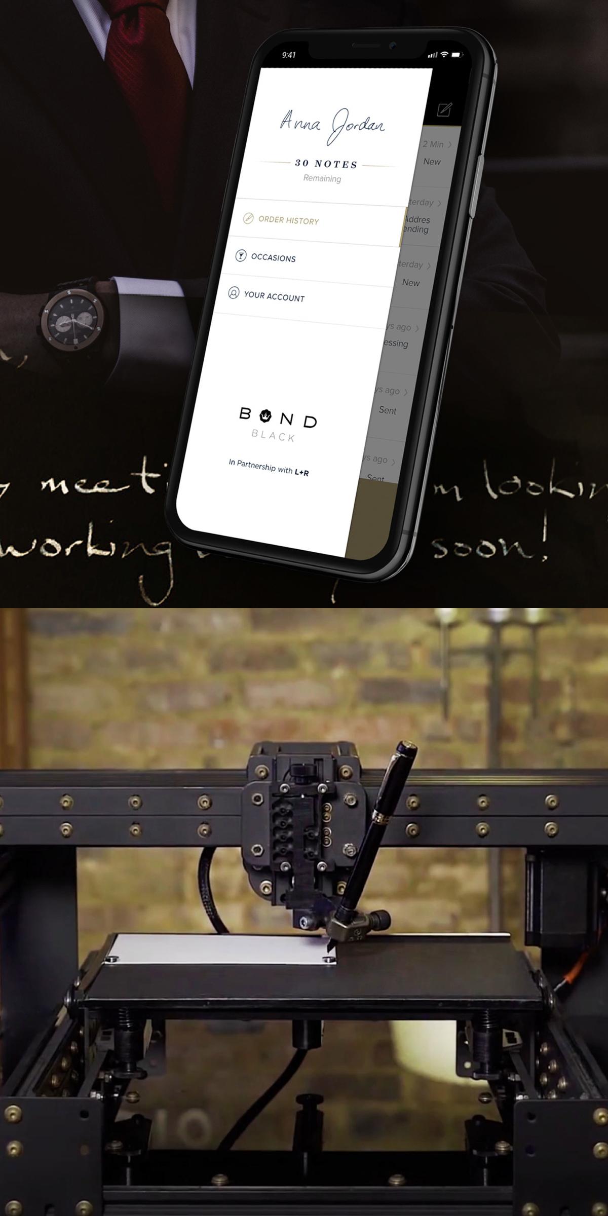 Smartphone showing Bond Black app above a robotic pen writing on paper