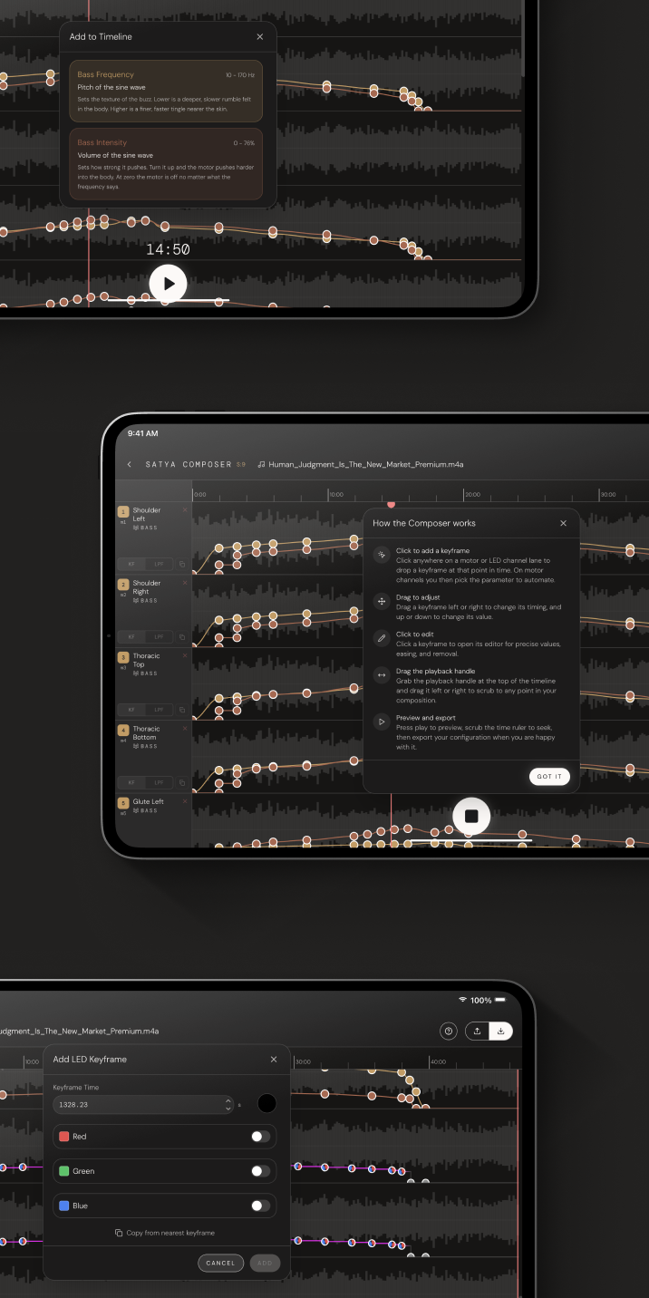 Mobile Composer screens showing audio waveforms, keyframes, and editing dialogs.