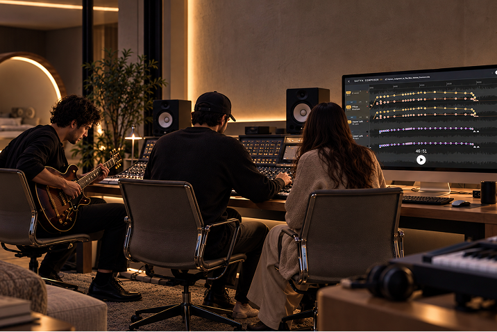 Three people work in a studio with a guitar and a large Composer interface on screen.