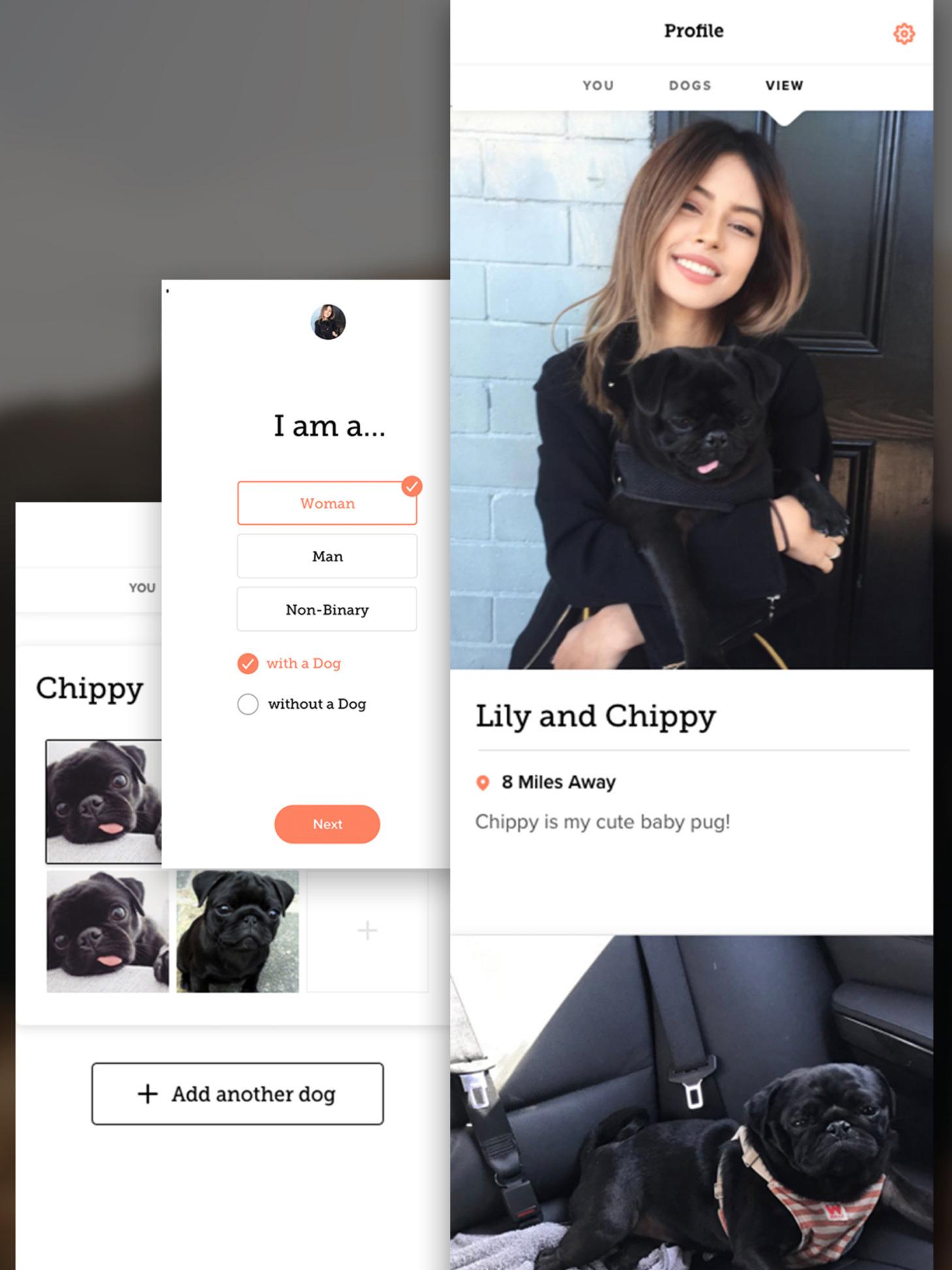Dog dating app profile screens featuring a woman and a black pug