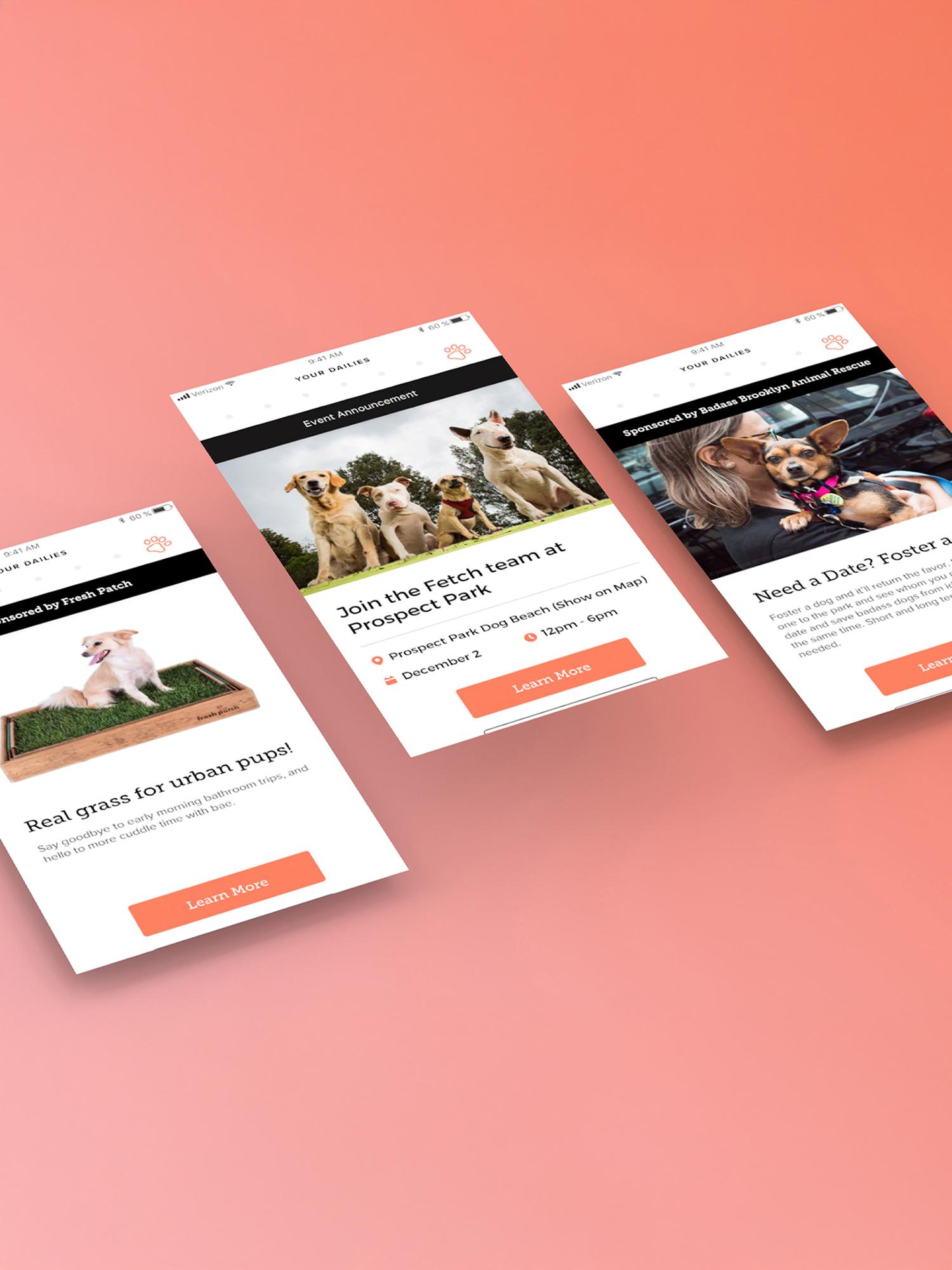 Three mobile screens showing dog-related event and article cards