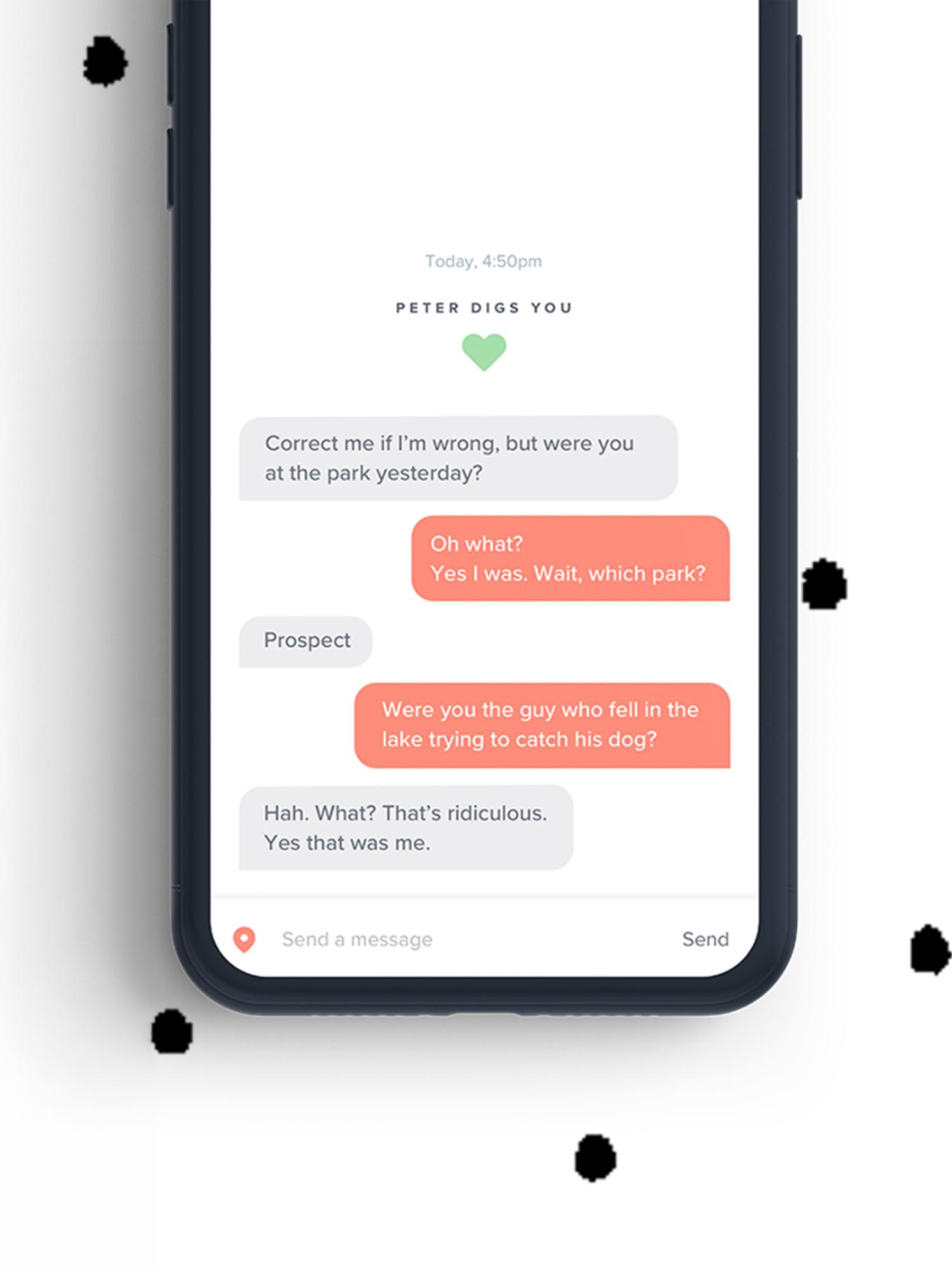 Smartphone mockup showing a dating app chat conversation