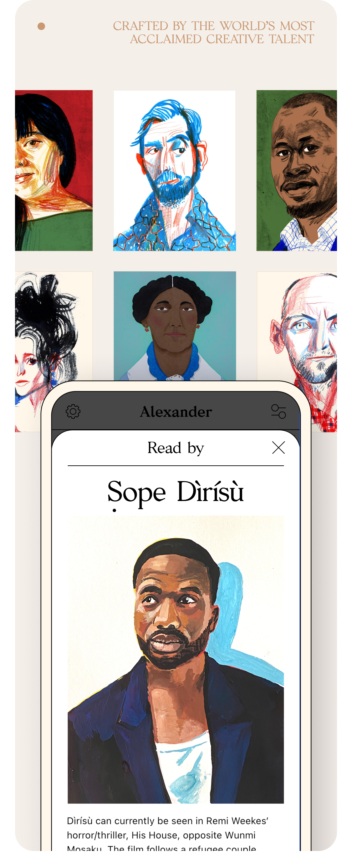 Illustrated narrator portraits with a phone profile card reading Sope Dirisu.