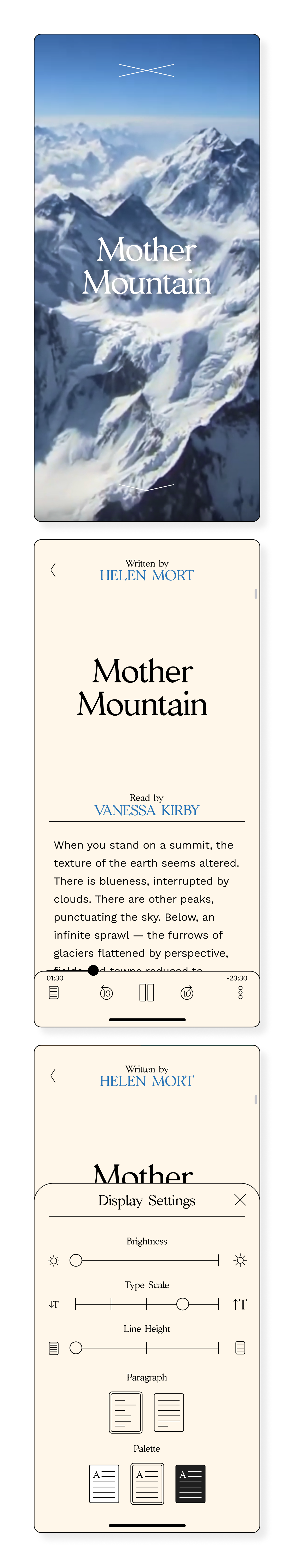 Audiobook app screens for Mother Mountain with cover, text, and display settings.