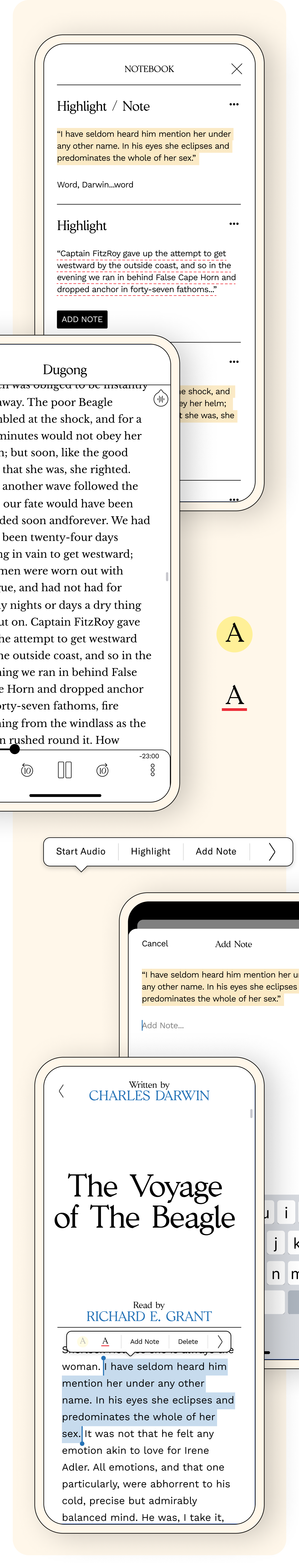 Reading app screens showing notebook highlights and notes for The Voyage of The Beagle.