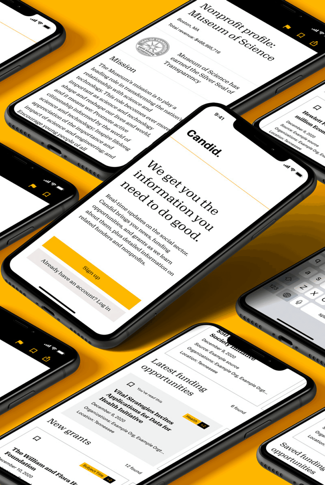 Candid app screens scattered on a yellow background.