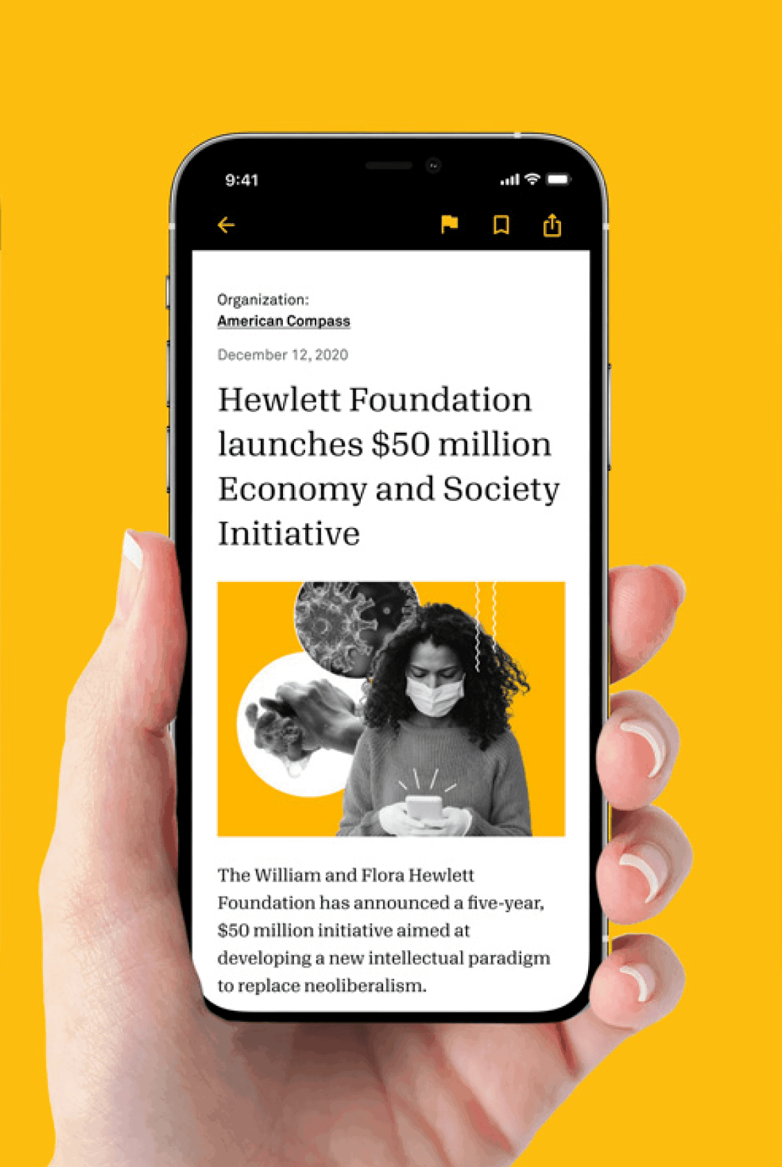 Hand holding a phone showing a Candid article on a yellow background.