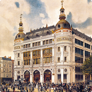 Vintage illustration of the ornate Au Printemps department store with crowds outside