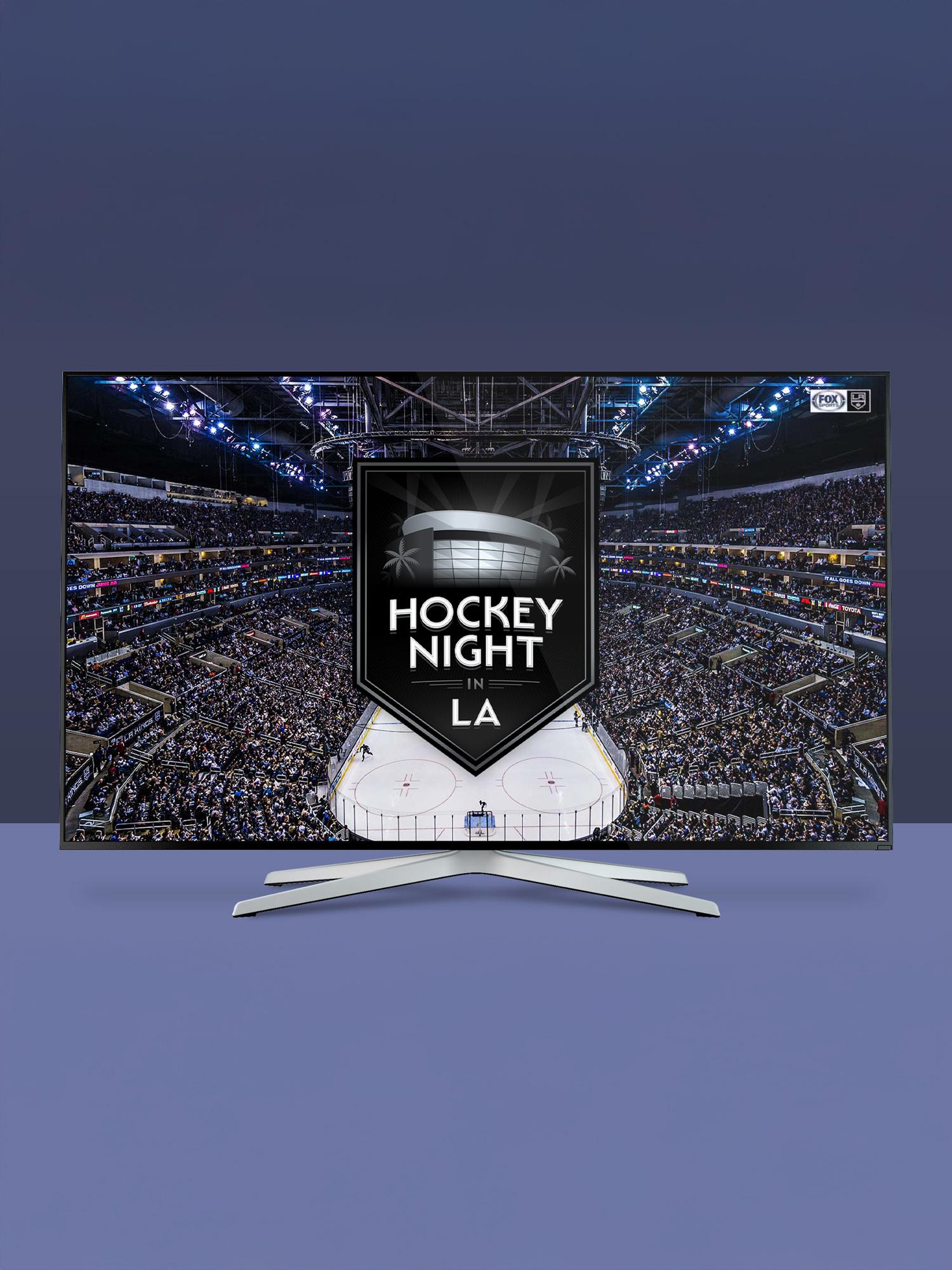 TV screen showing a Hockey Night in LA graphic over a packed hockey arena