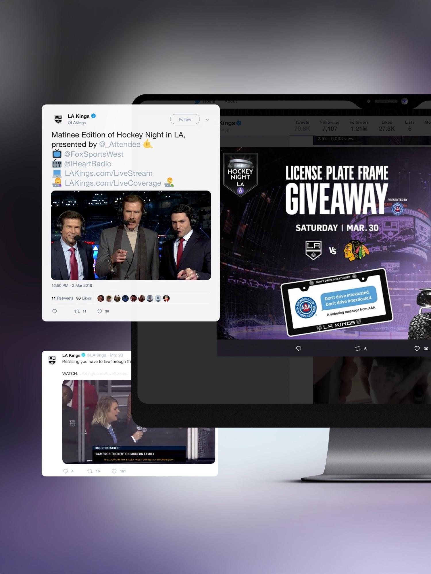 Desktop monitor with LA Kings social posts and a license plate frame giveaway graphic