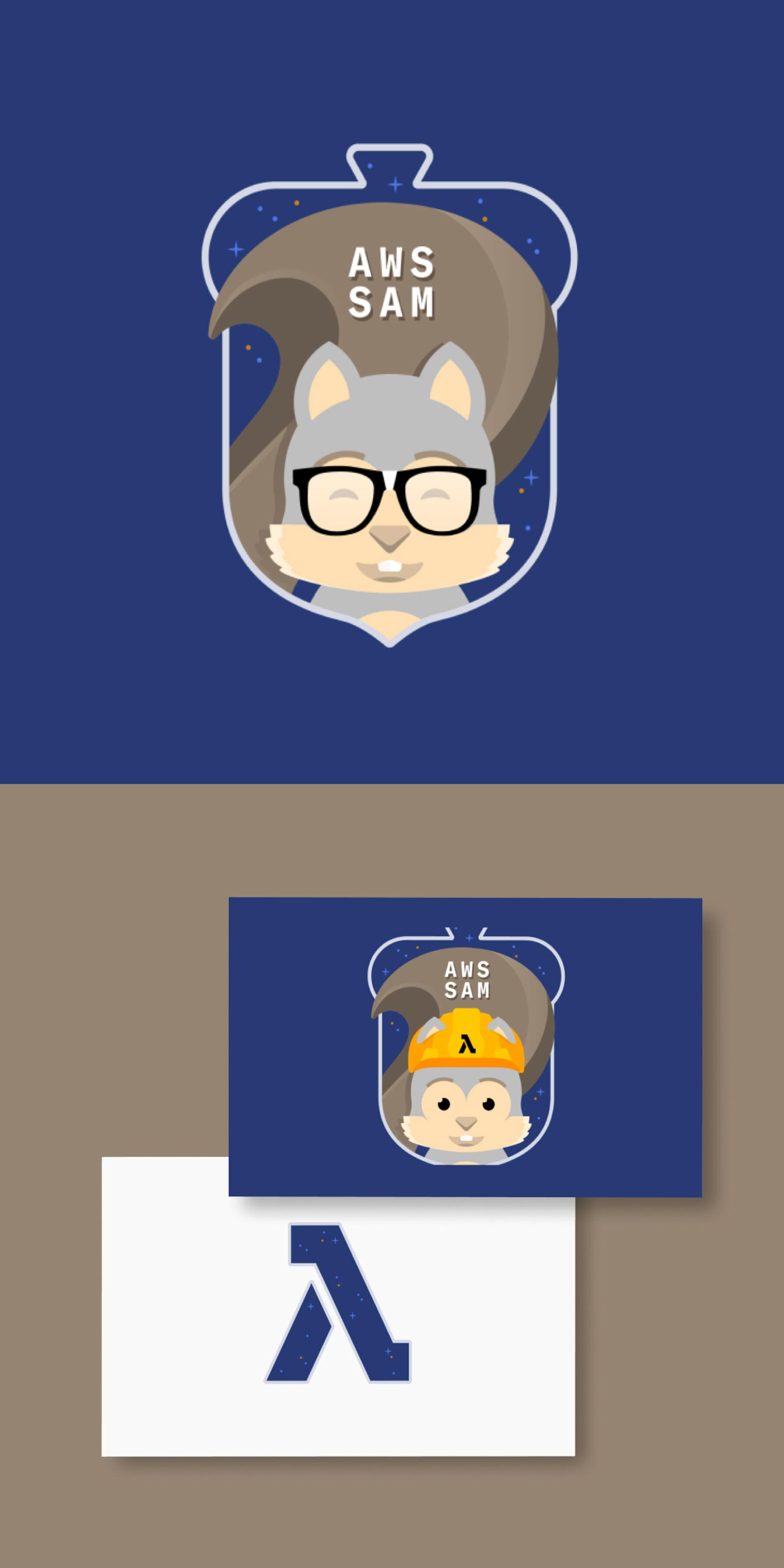 AWS SAM squirrel badge above cards with AWS SAM and Lambda artwork