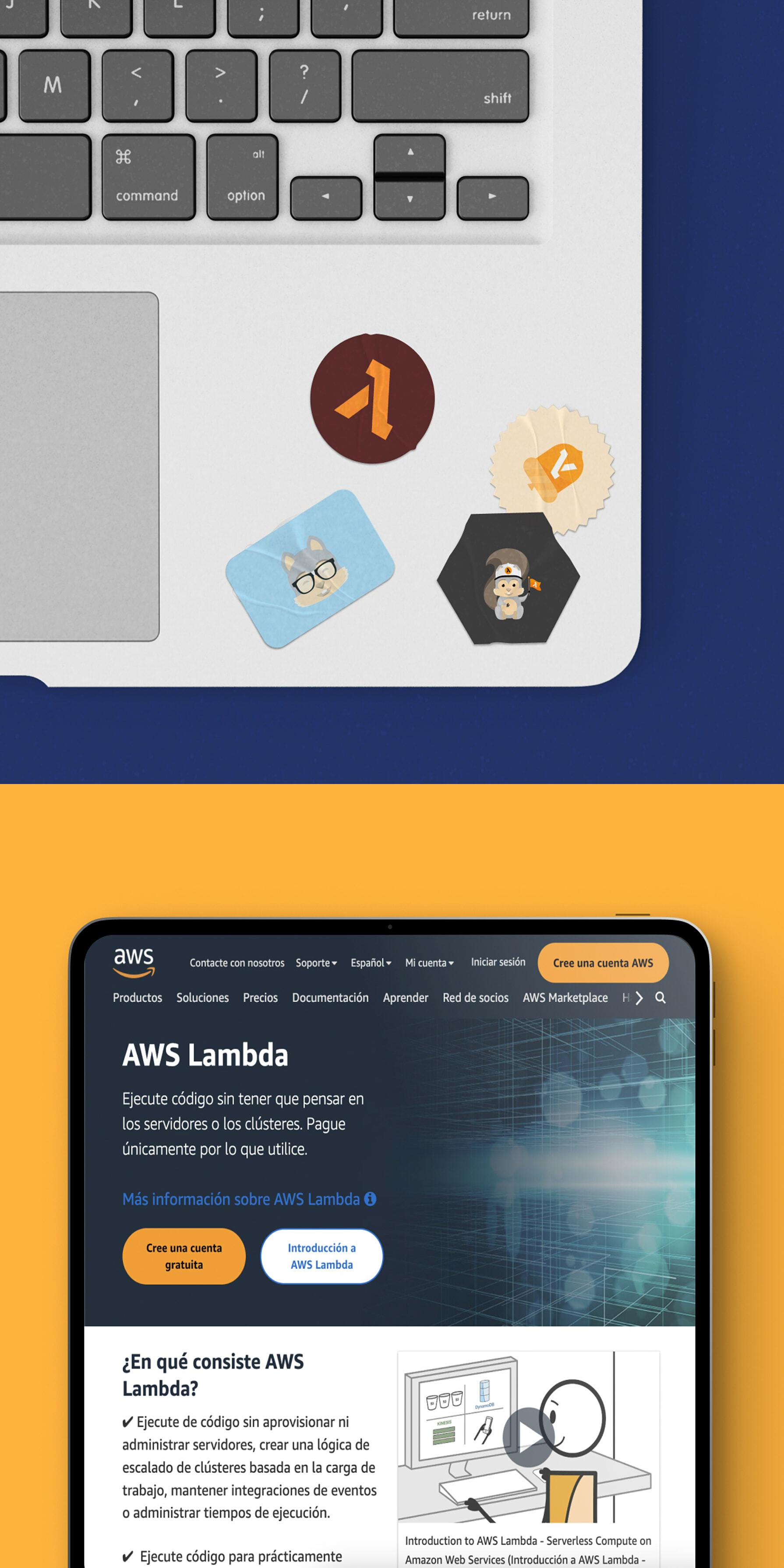 Laptop with AWS Lambda stickers above a tablet showing an AWS Lambda page