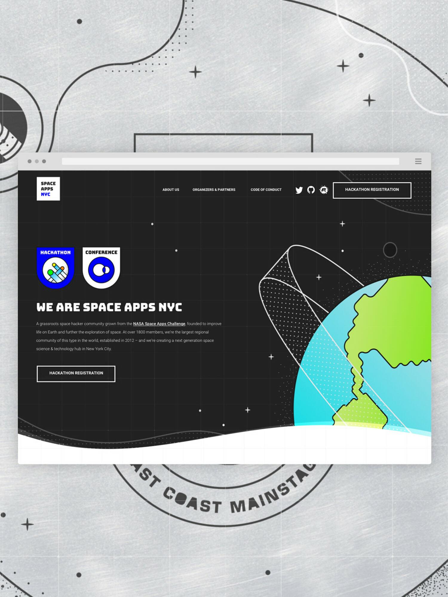 Space Apps NYC website mockup with space-themed graphics and event registration button