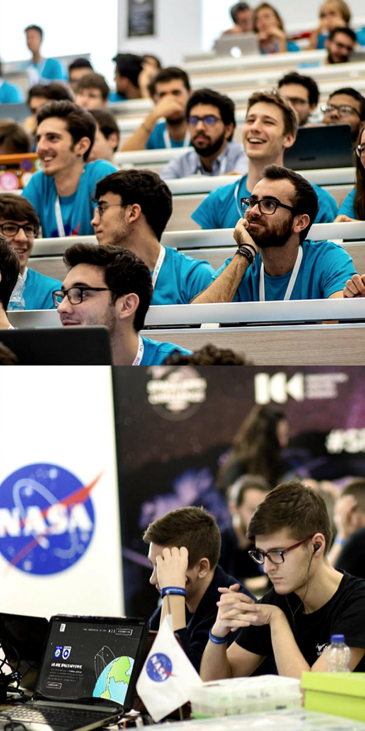 Students in a lecture hall and at a NASA-themed event working on laptops