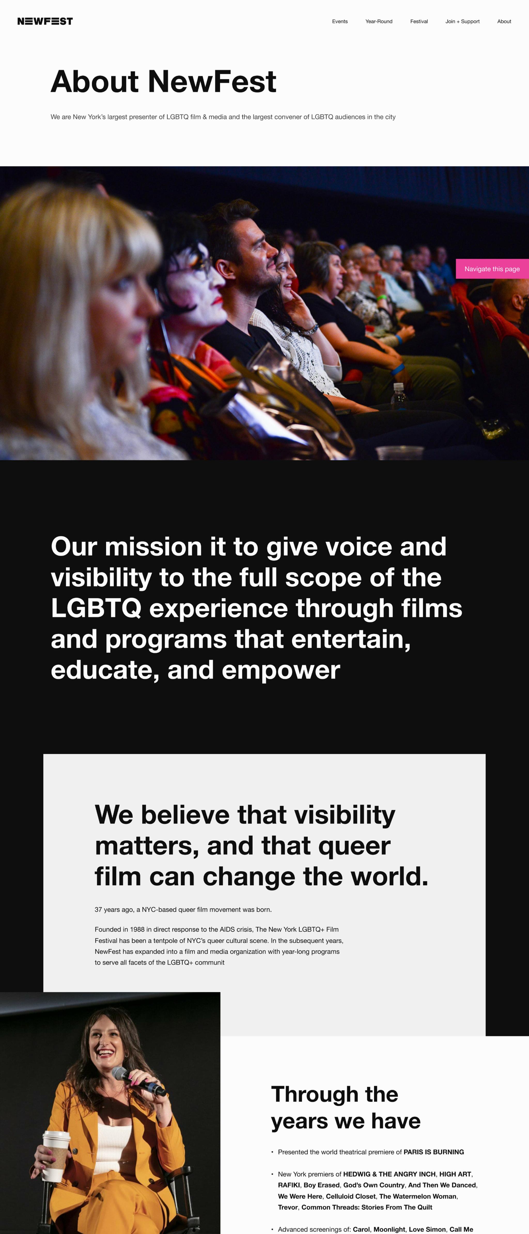 About NewFest webpage with theater audience, mission text, and history sections
