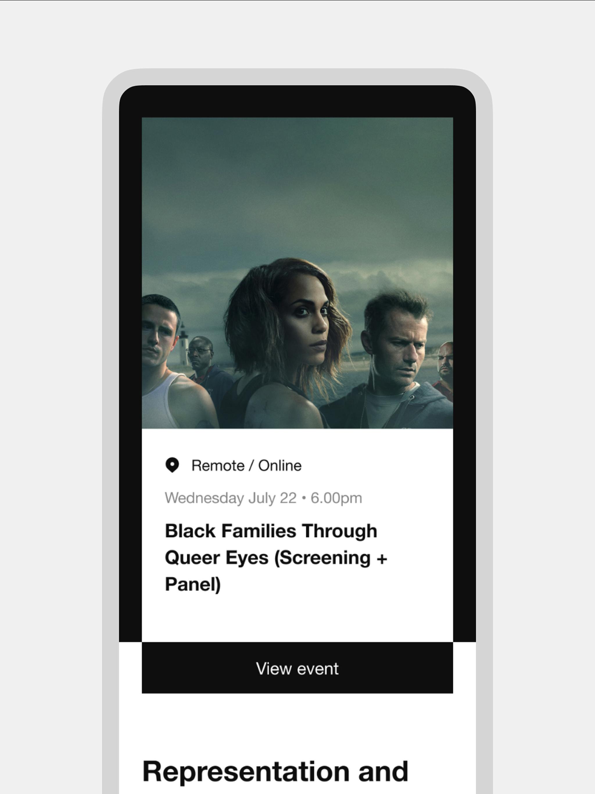 Mobile event card for Black Families Through Queer Eyes with a dark group portrait