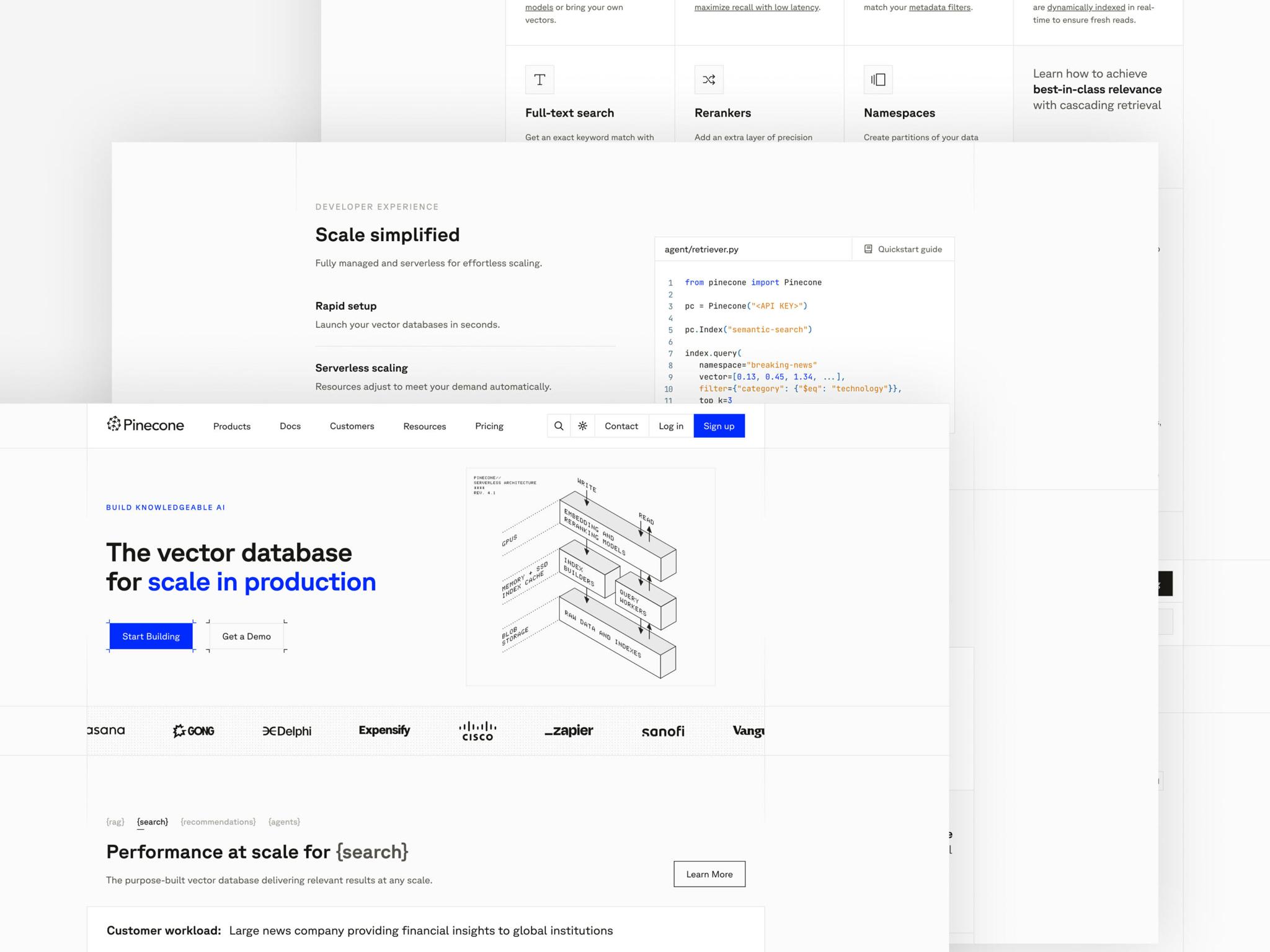 Layered Pinecone website screens showing vector database product pages and code examples.