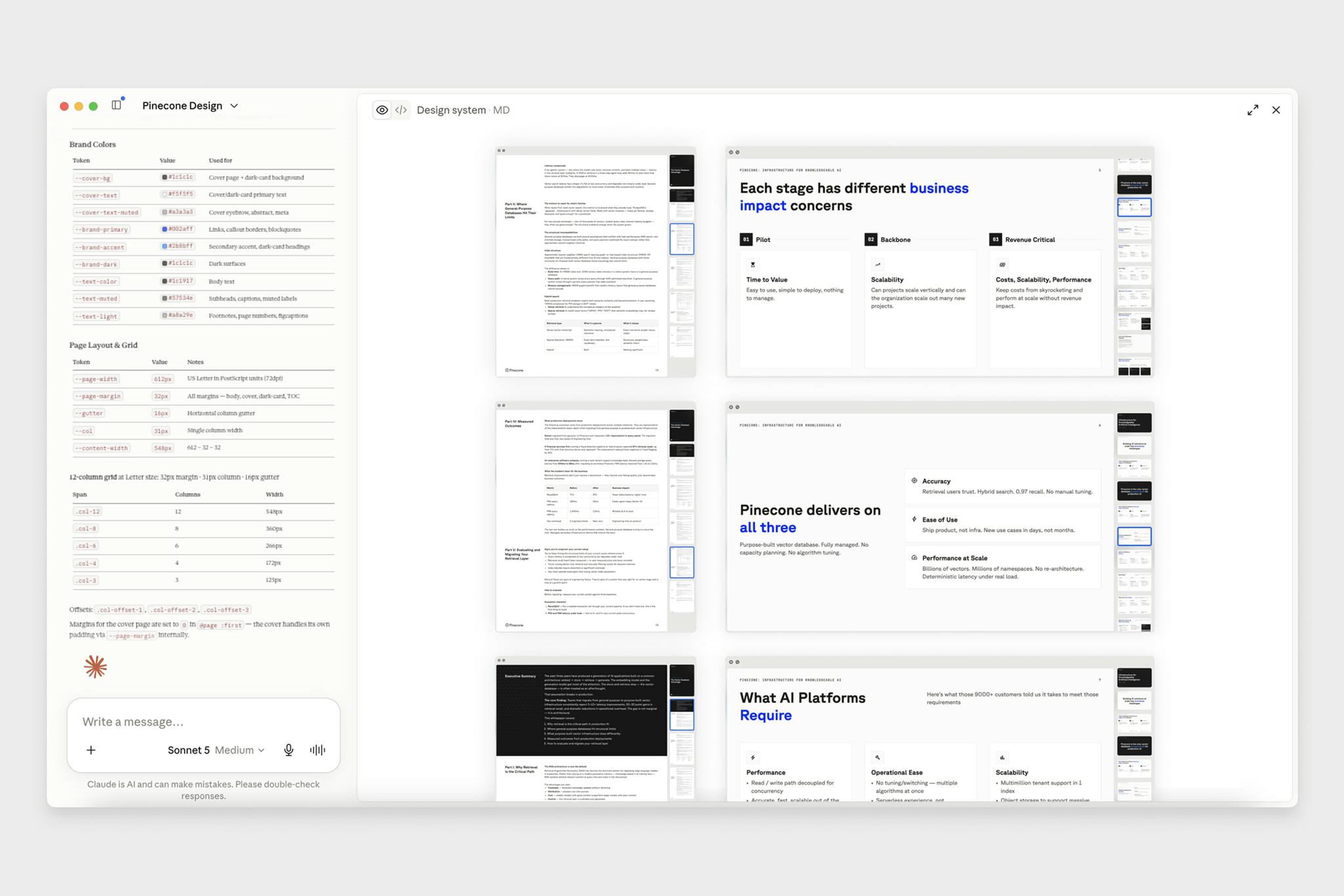 Pinecone design system screens with component specs, slide layouts, and a chat assistant panel.