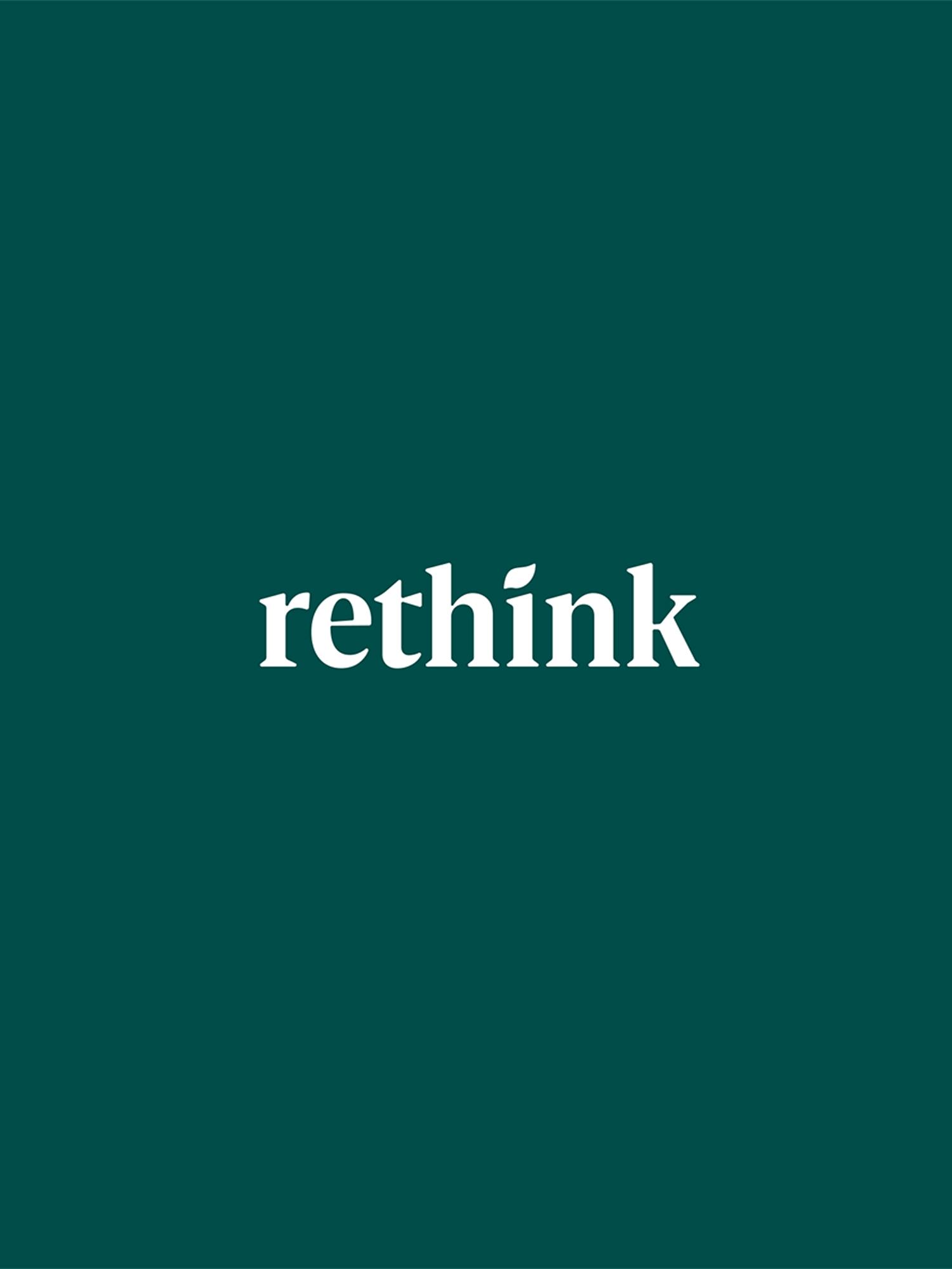 White rethink wordmark on a dark green background
