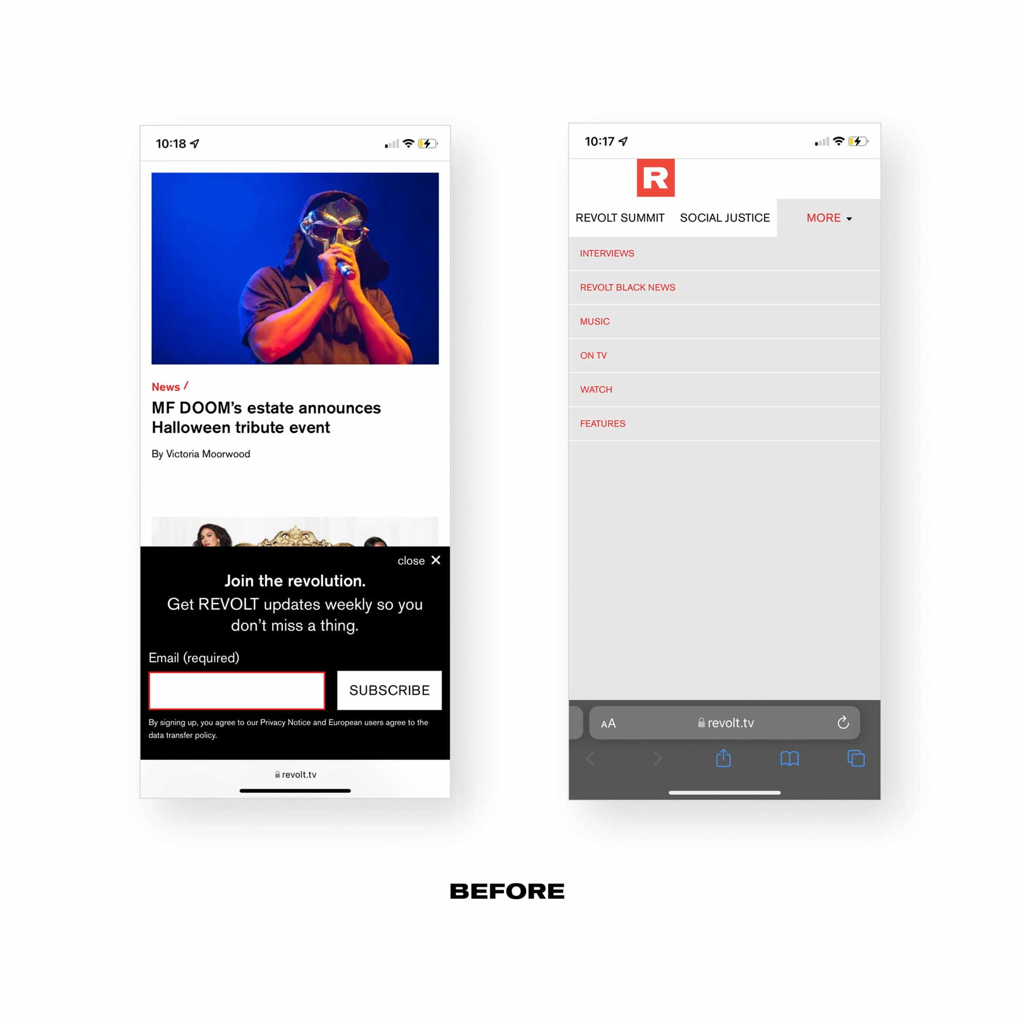 Before view of REVOLT mobile article page, newsletter pop-up, and gray menu