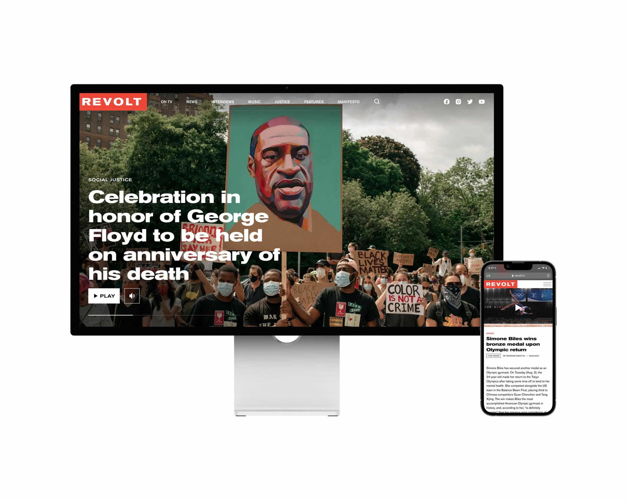 REVOLT desktop and mobile layouts featuring a George Floyd anniversary story